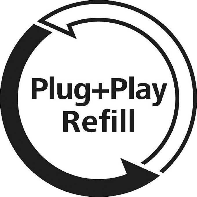 Kruhový symbol se dvěma šipkami pohybujícími se po směru hodinových ručiček a nápisem 'Plug+Play Refill' uprostřed.
