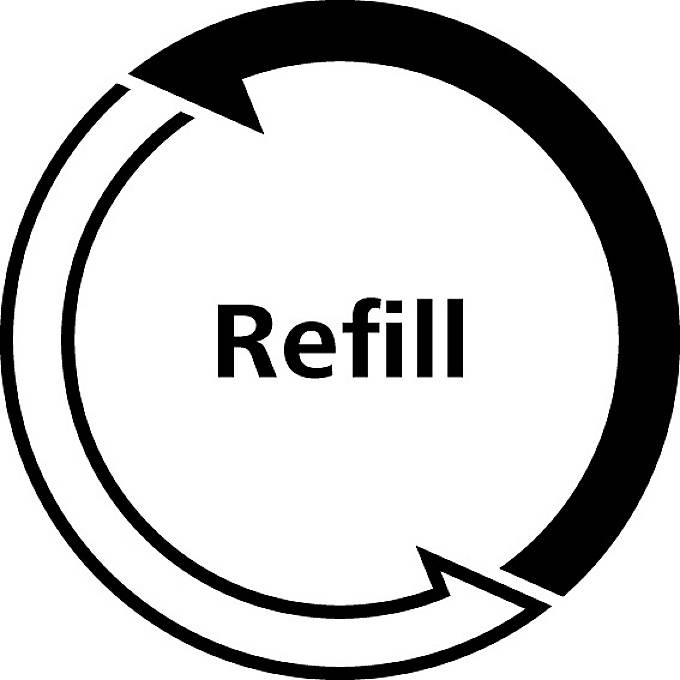 Černý kruh recyklační šipky se slovem 'Refill' uprostřed symbolizuje opětovnou plnitelnost nebo udržitelnost.