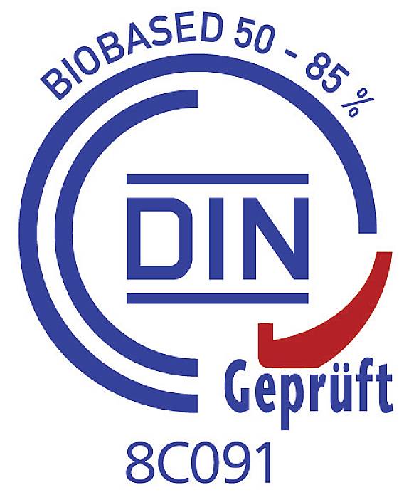 Logo "DIN ověřeno" ukazuje 50-85% biologicky založeno.