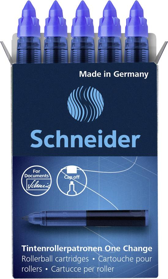 Balení šesti modrých náplní do rolleru značky Schneider. Text: 'Made in Germany', obsahuje náplň a krytku přepínače.
