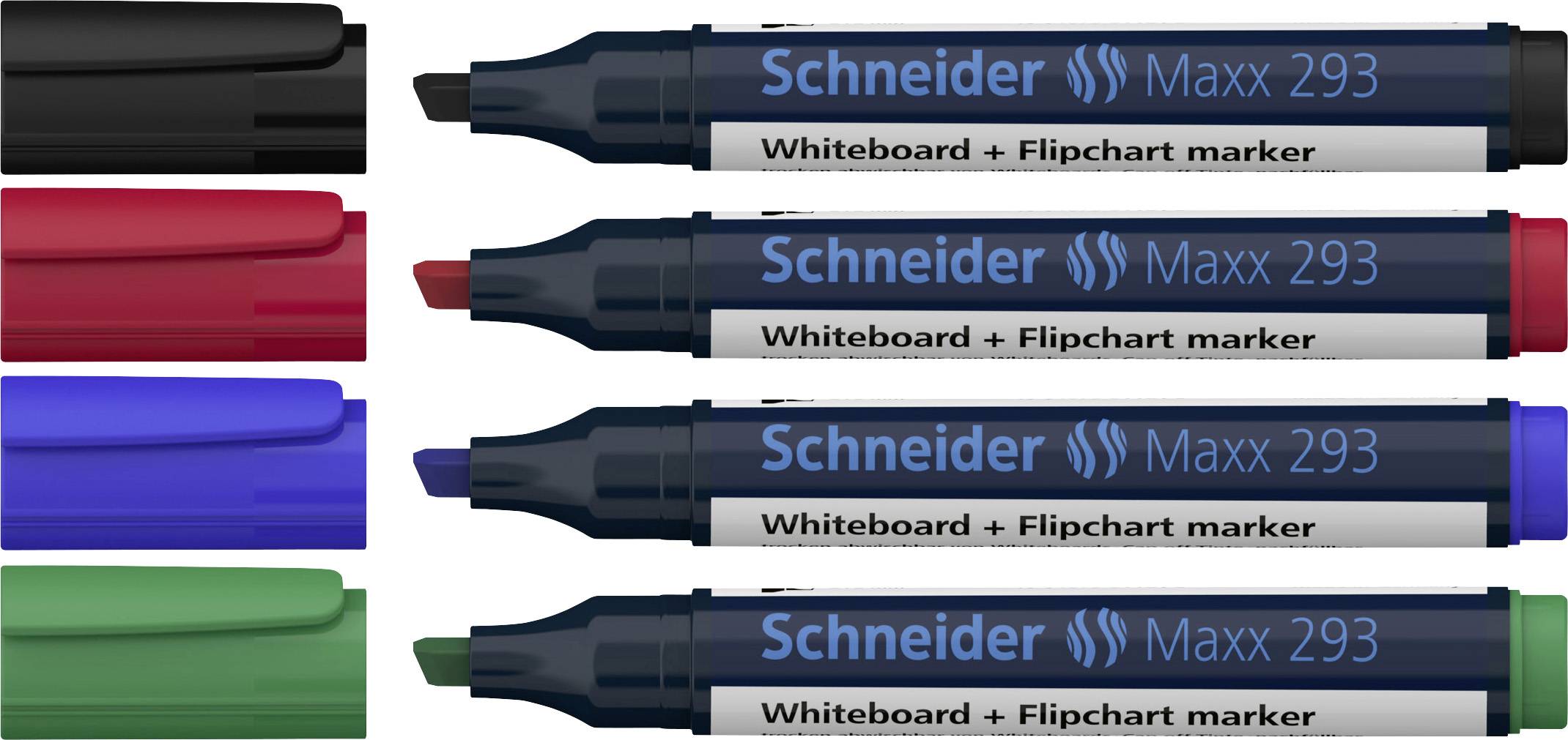 Čtyři popisovače Schneider Maxx 293 v černé, červené, modré a zelené barvě, každý s nápisem 'Whiteboard + Flipchart marker'.