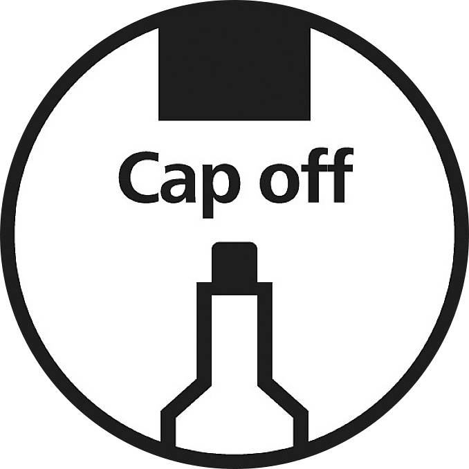 Symbol s nápisem 'Cap off' zobrazuje otevřený obal.