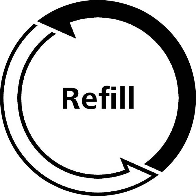 Symbol „Refill" se dvěma šipkami tvořícími kruh symbolizuje udržitelné opětovné použití nebo doplnění zdrojů.