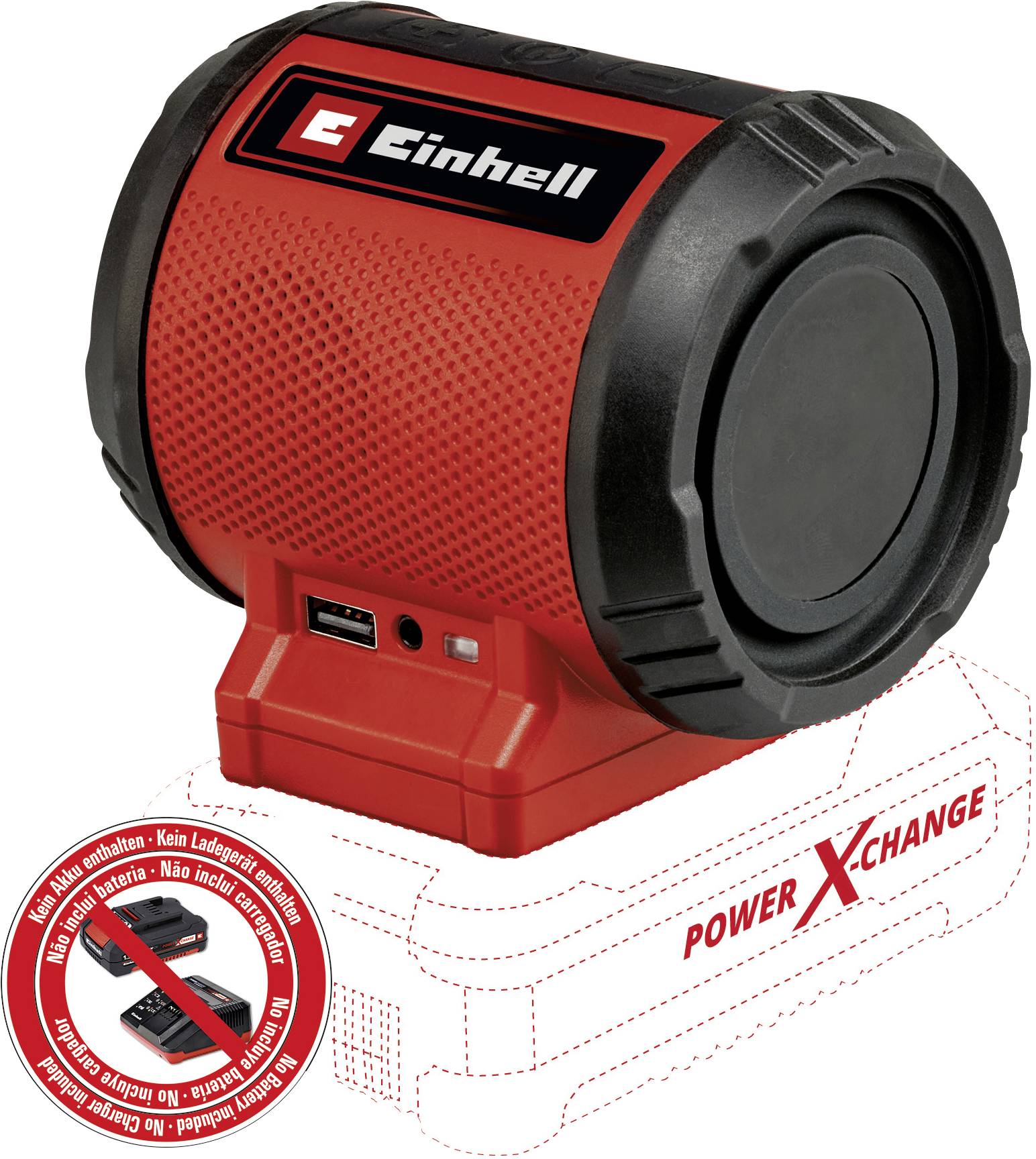 Přenosný červený bluetooth reproduktor Einhell s USB portem, napájený bez baterie, kompatibilní se systémem Power X-Change.