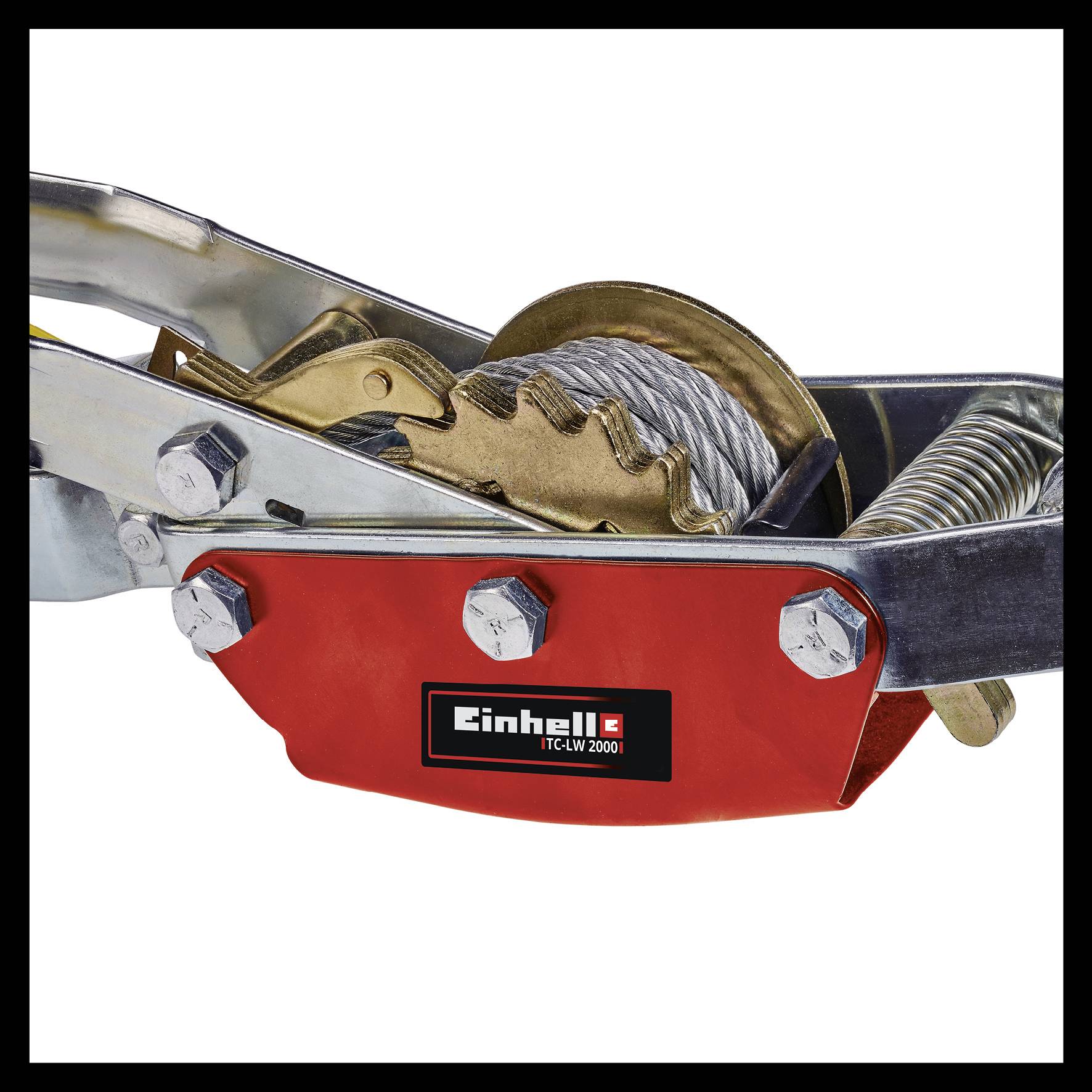Lanový kladkostroj v červeném pouzdře, s pákovým mechanismem. Vhodný pro těžké zatížení. Firemní logo 'Einhell' viditelné dole.