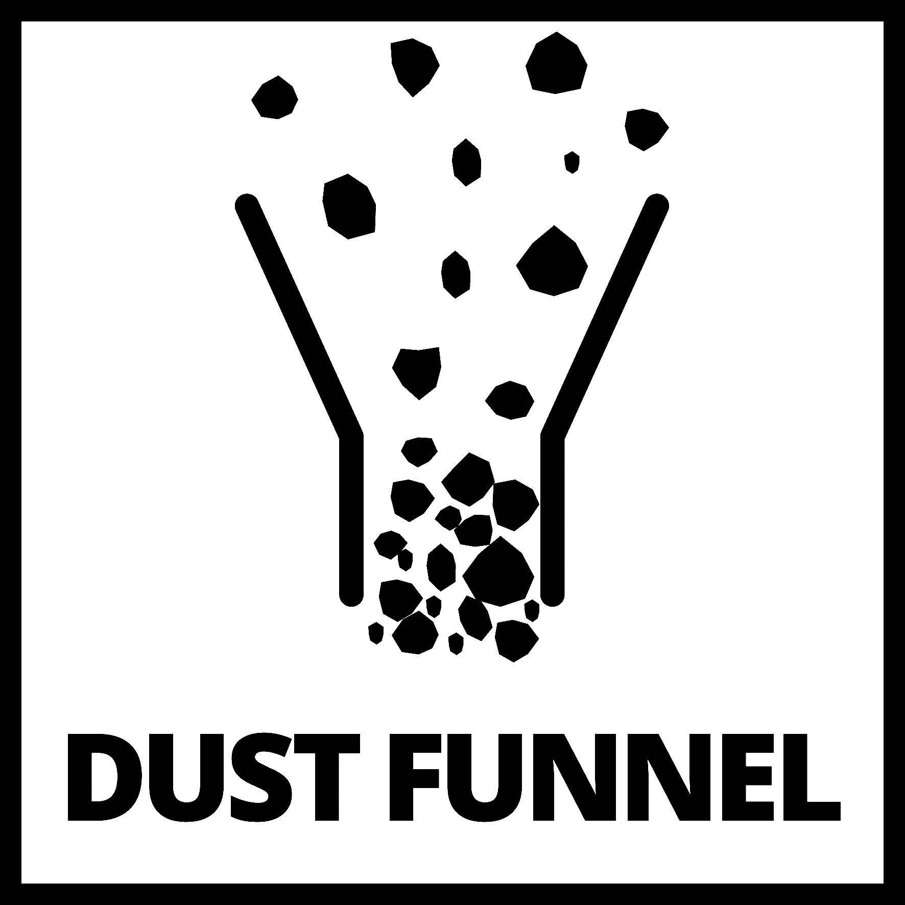 Symbol trychtýře s padajícími částicemi nad nádobou, popis „Dust Funnel".