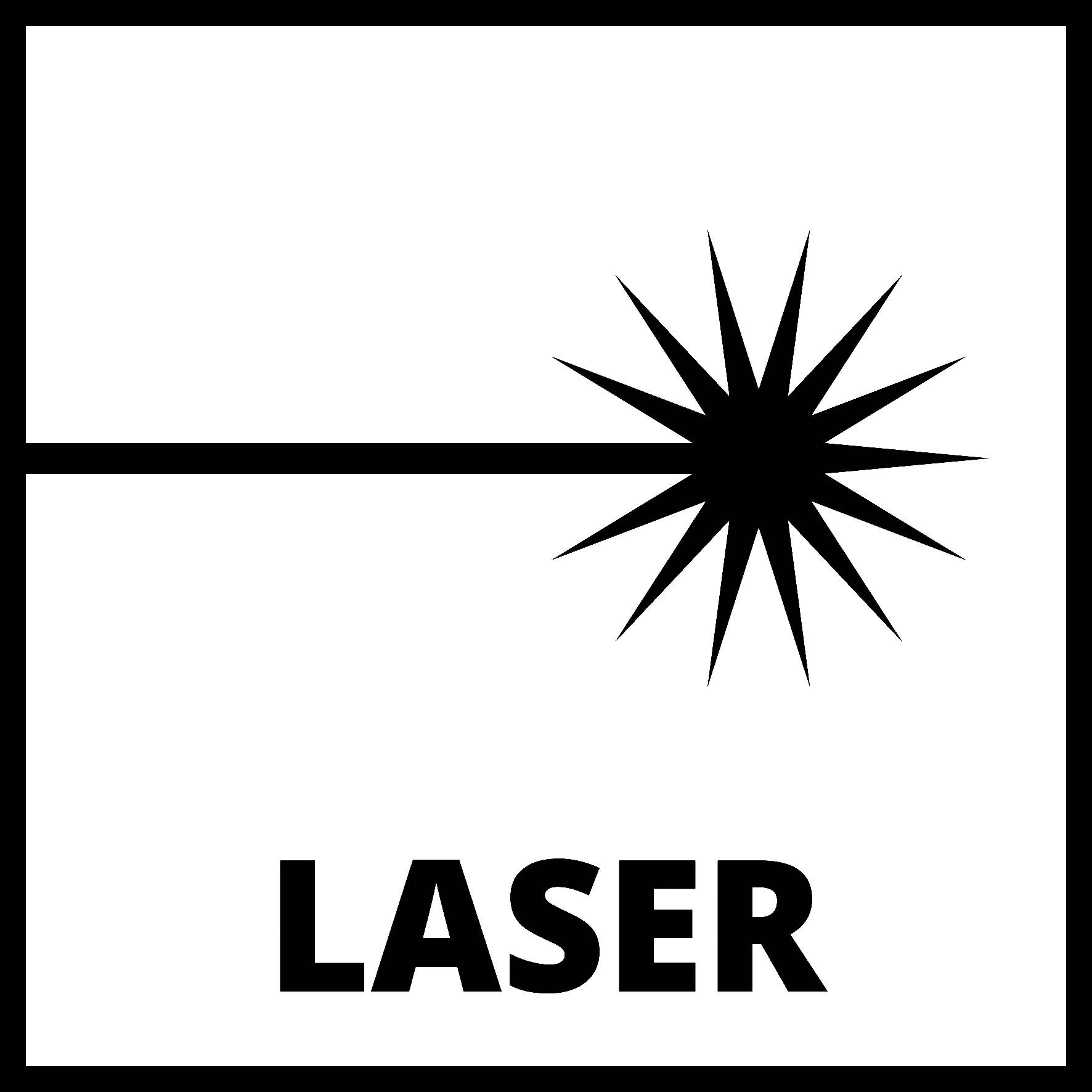 Symbol laseru: Stylizovaný laserový paprsek s hvězdicovým jiskřivým efektem. Text 'LASER' pod ním signalizuje laserové záření.
