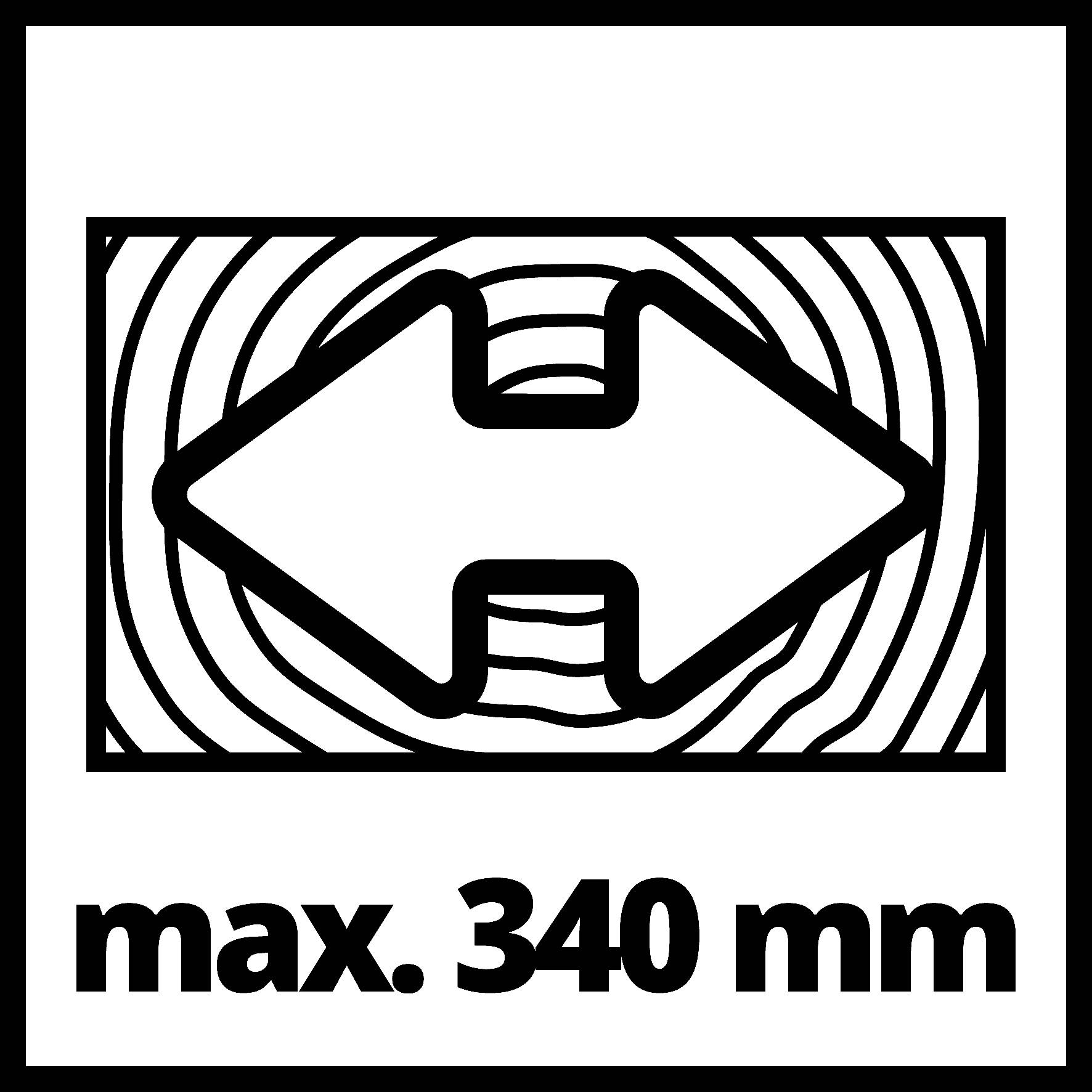 Šipka vlevo a vpravo přes dřevěnou texturu s textem 'max. 340 mm'.