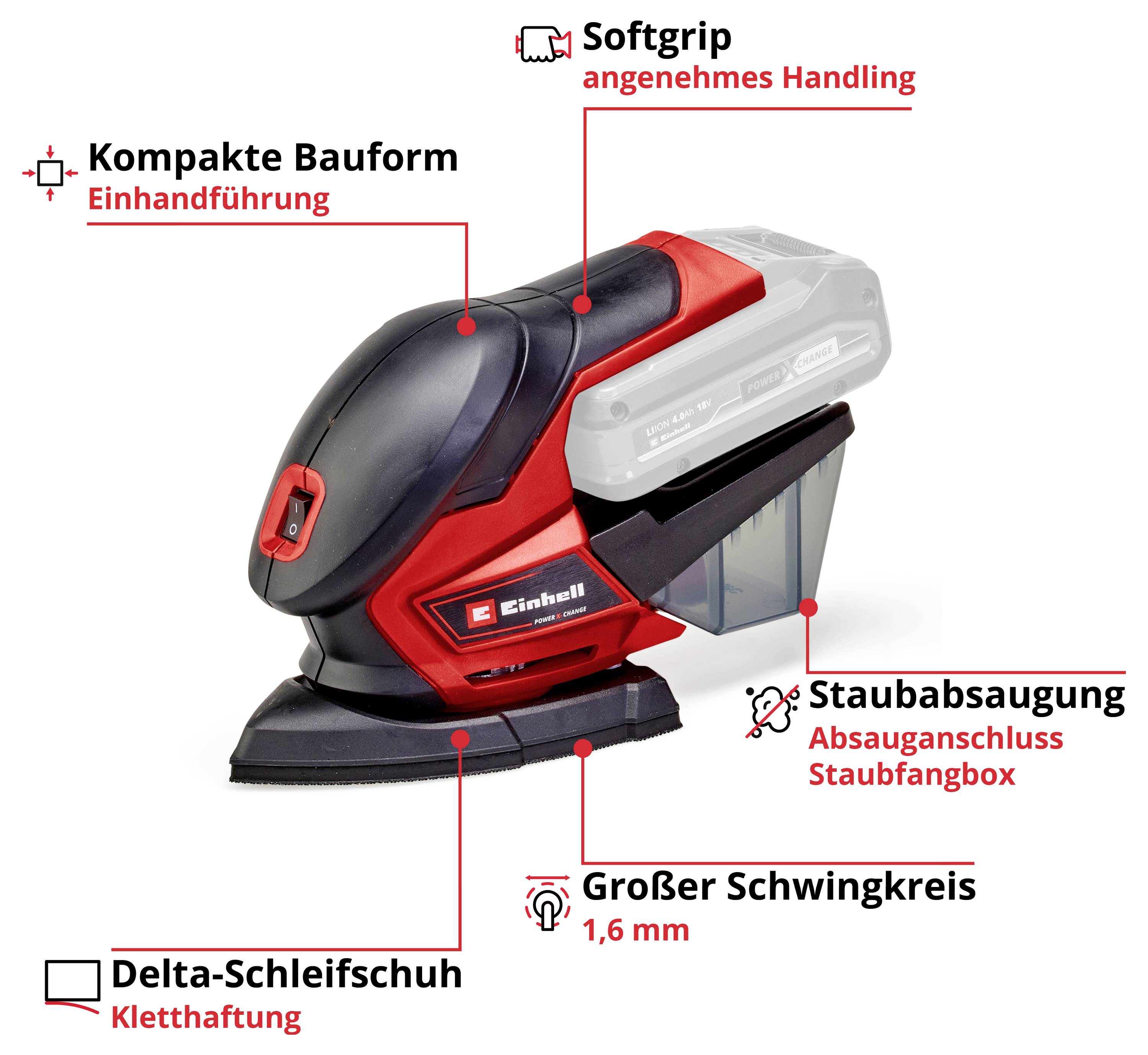 Červeno-černý vibrační bruska od společnosti Einhell se softgripem, odsáváním prachu, kompaktním designem, deltaovým brusným pádem a velkým amplitudovým zdvihem.