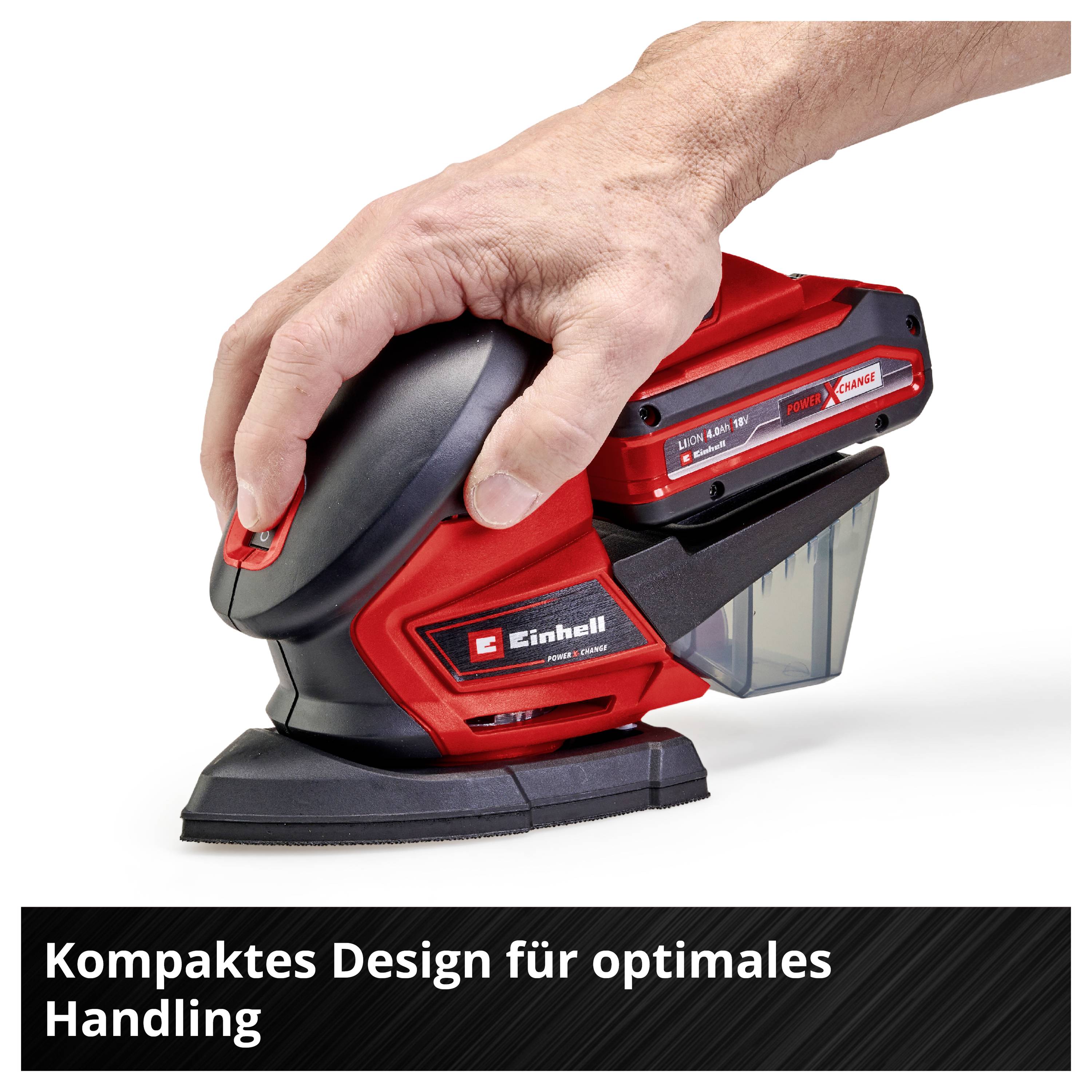 Ruka drží červený elektrický brusku od značky Einhell. Text na obrázku: "Kompaktní design pro optimální manipulaci".