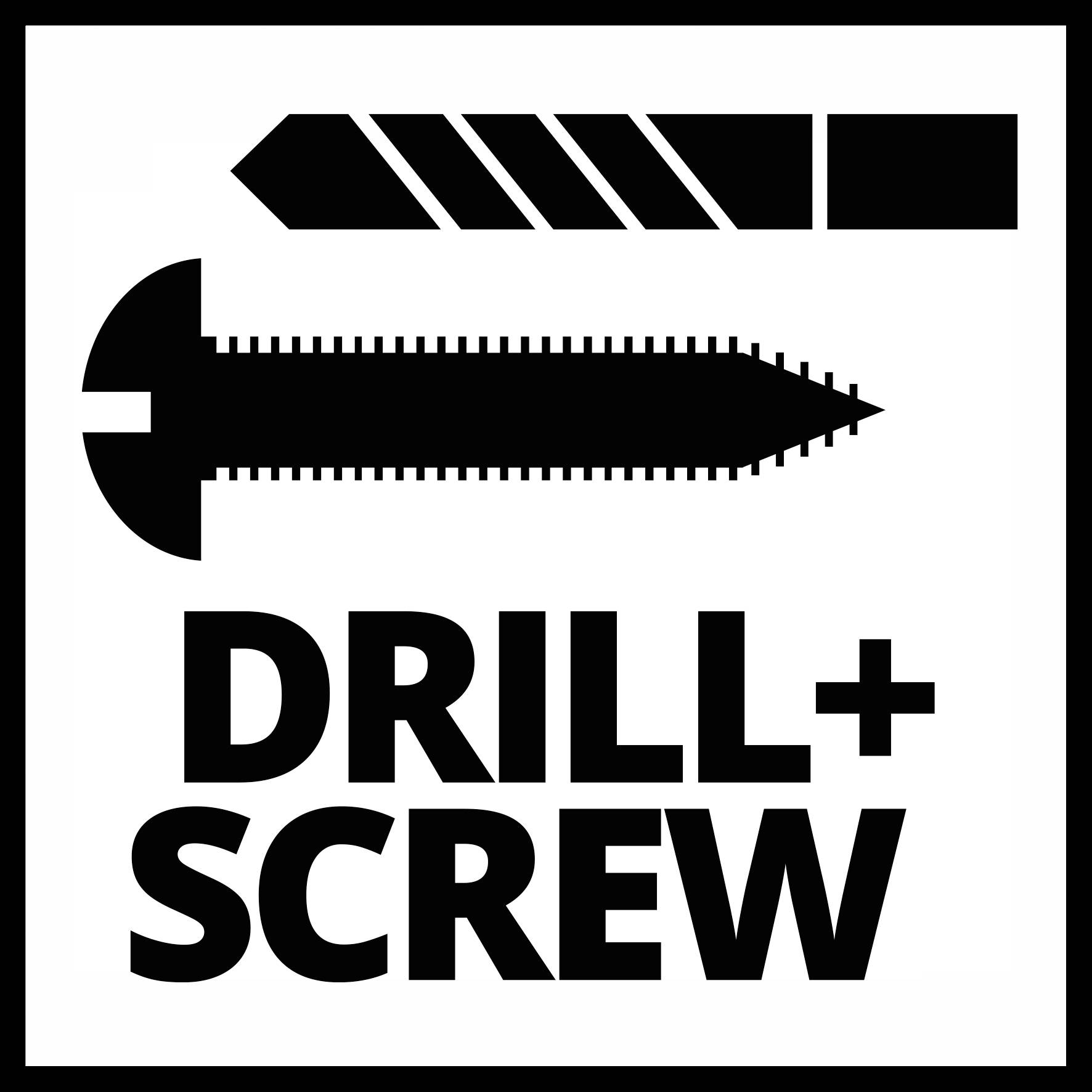 Obrázek zobrazuje symbol pro vrtání a šroubování se vrtákem a šroubem. Pod symbolem je text 'DRILL + SCREW'.