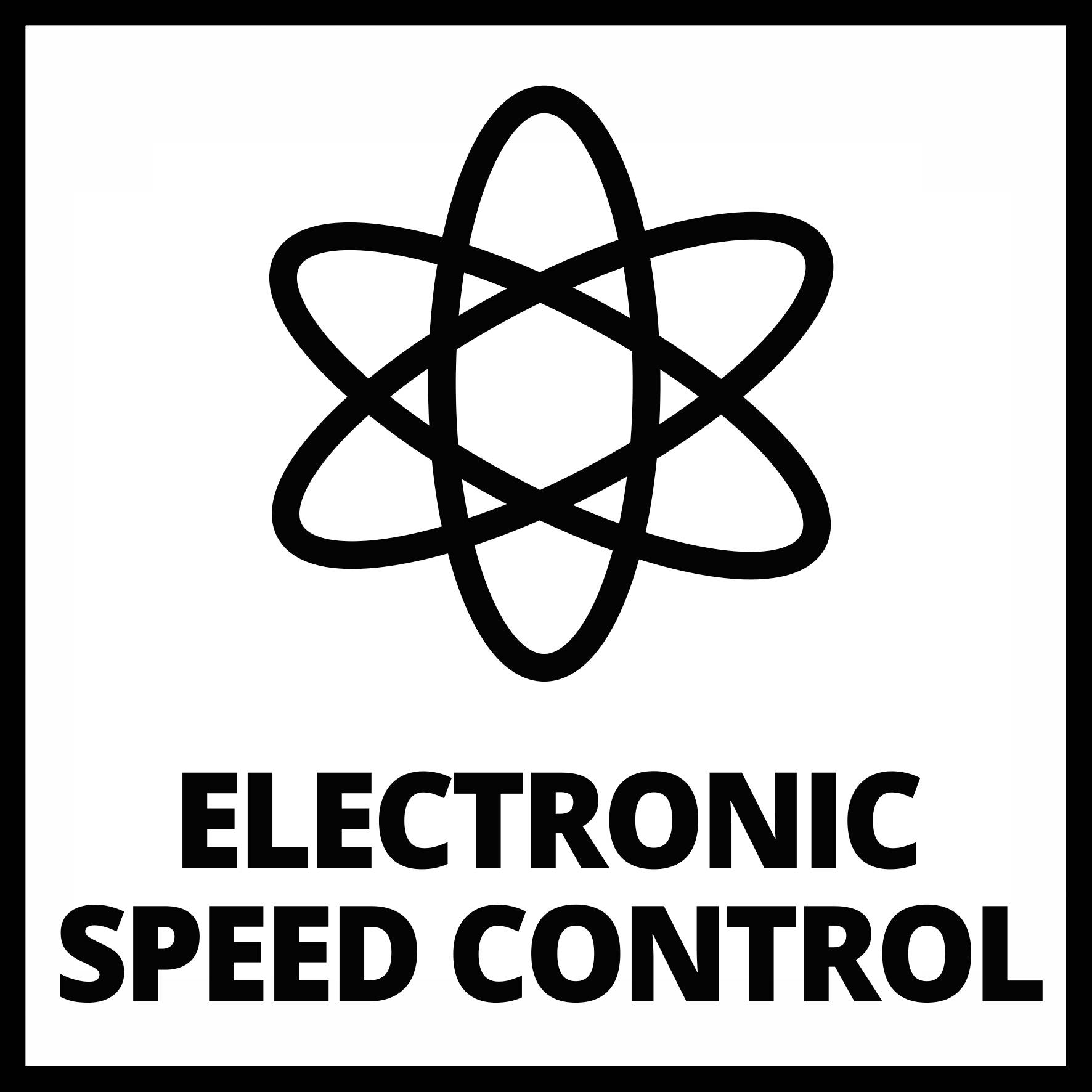 Symbol 'Elektronické řízení rychlosti' se stylizovaným atomem uprostřed, černé obrysy a text na bílém pozadí.