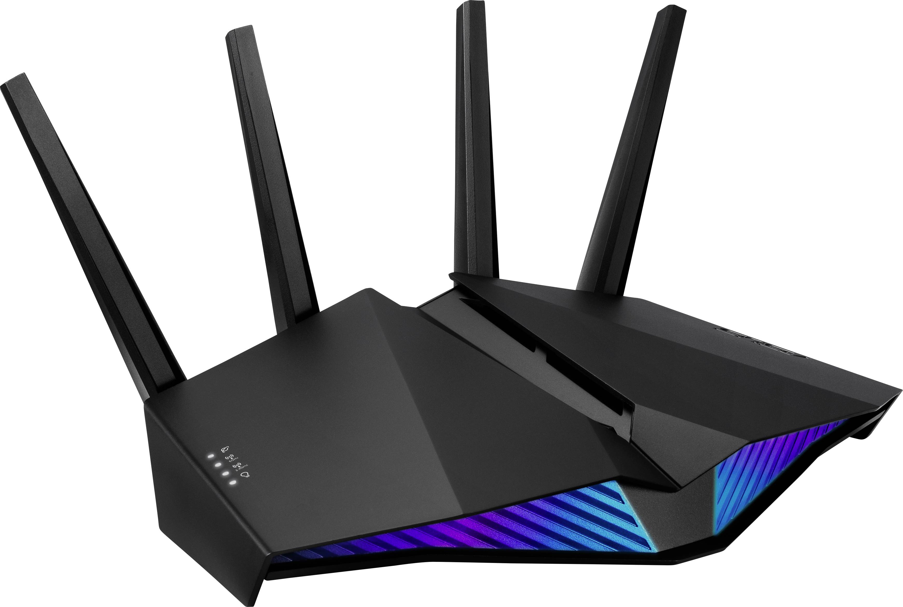 Moderní černý WiFi router s pěti anténami a modrými svítícími LED pásky, vhodný pro vysokorychlostní internet.