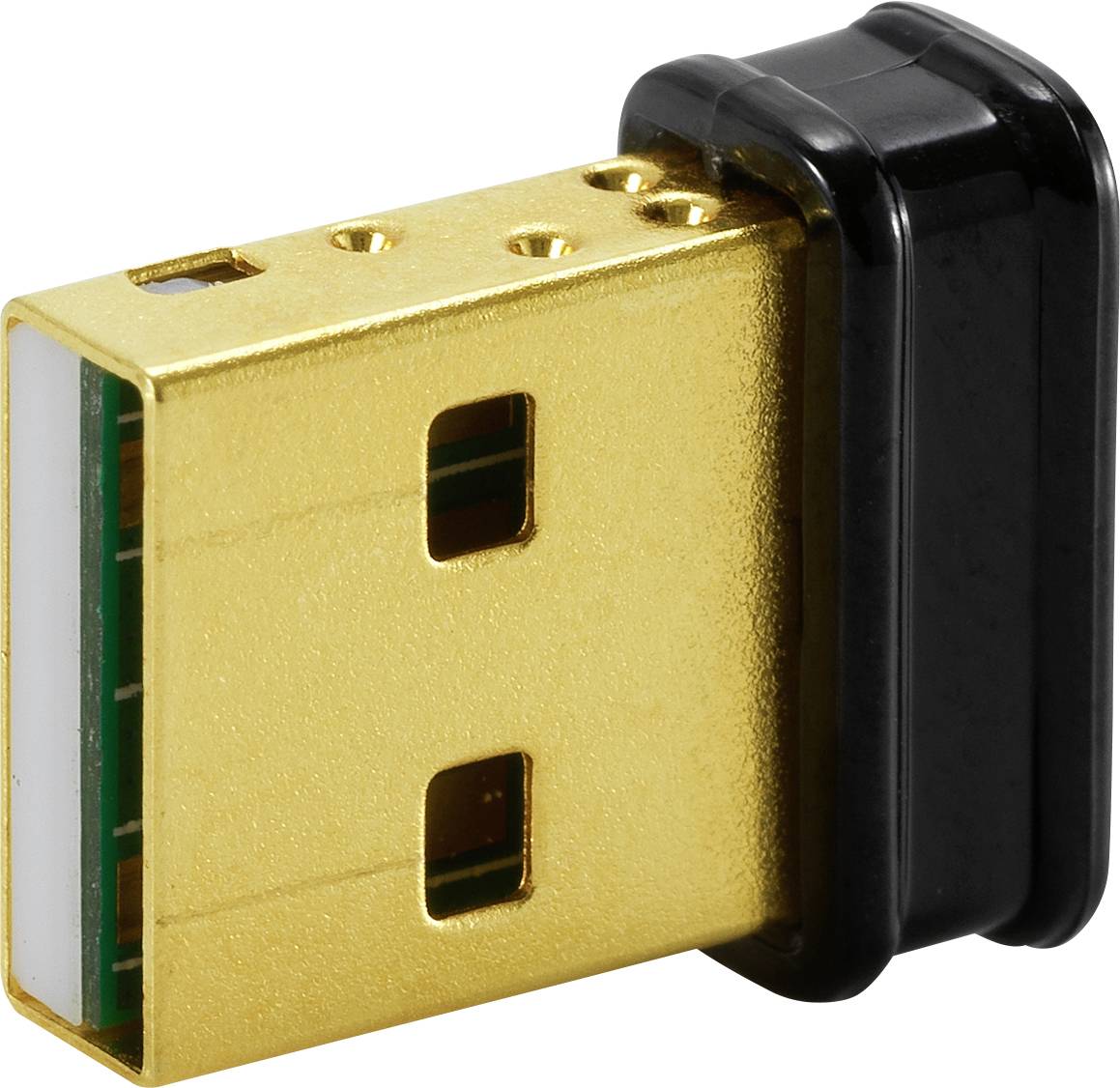 Zlatý USB flash disk s černým plastovým pouzdrem, kompatibilní s připojením k počítačům nebo jiným zařízením.
