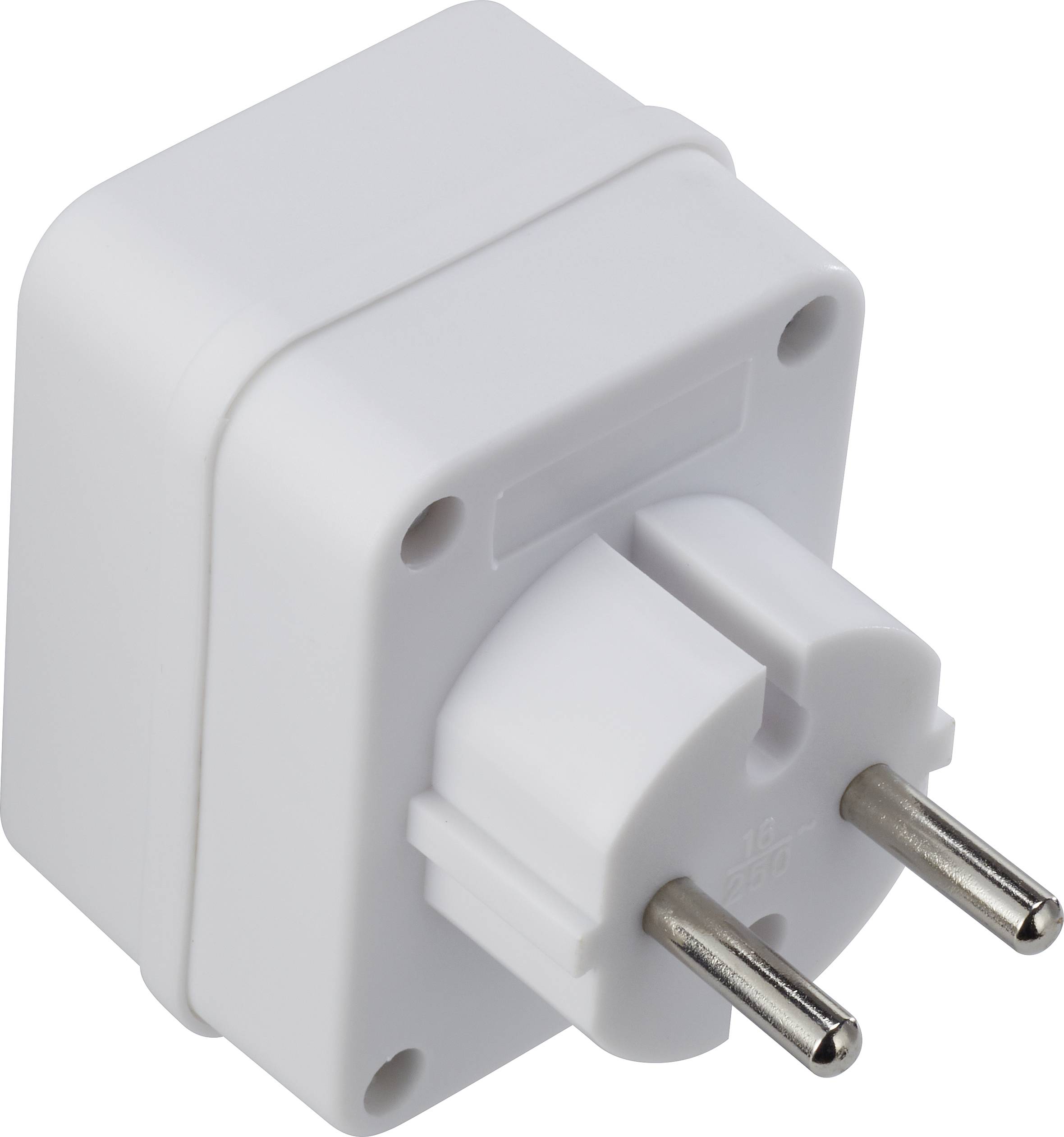 Bílý adaptérový konektor se dvěma kulatými kovovými kolíky, vhodný pro evropské zásuvky.