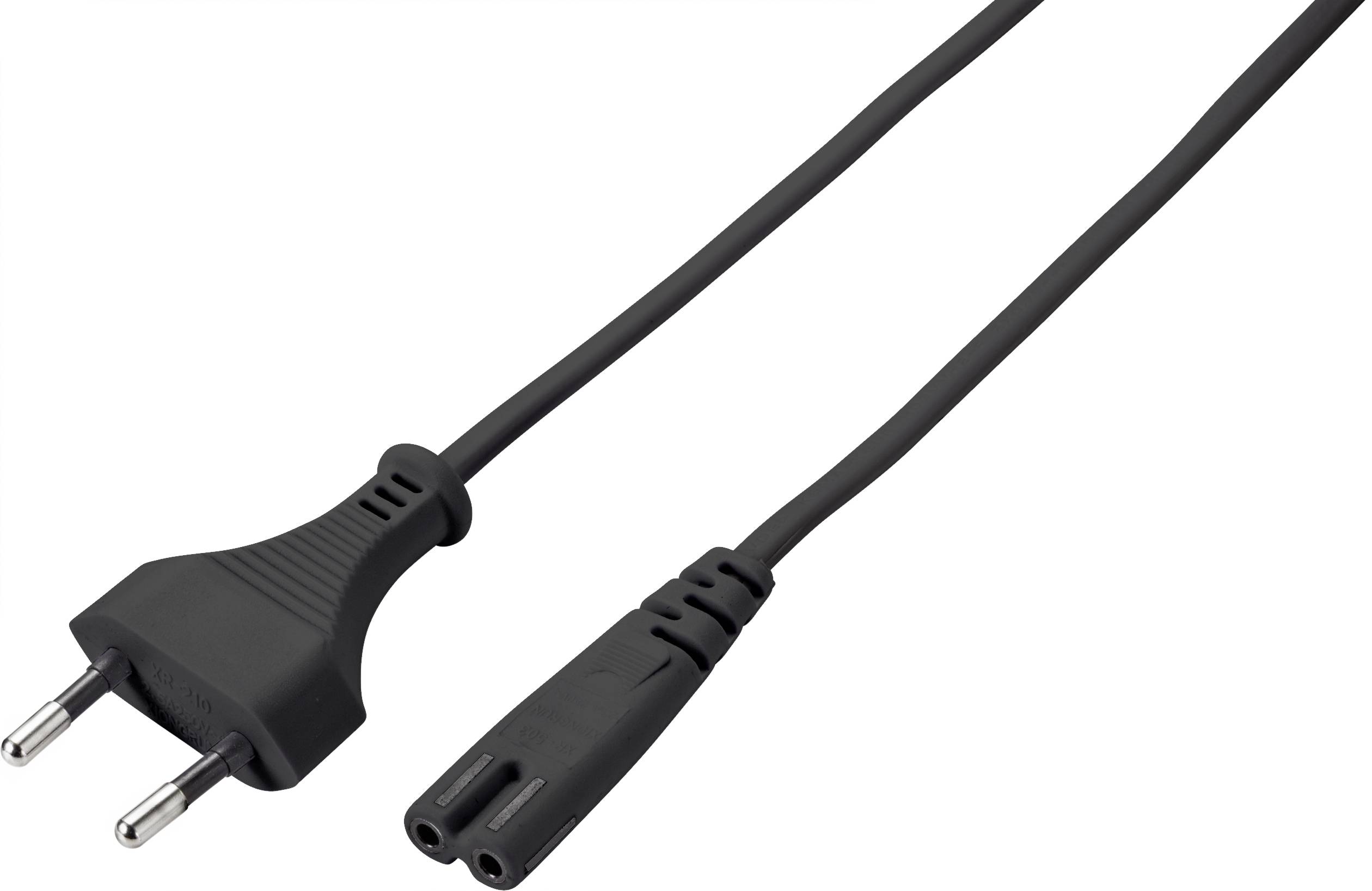 Černý dvoužilový síťový kabel s eurozástrčkou (typ C) a pravoúhlou zástrčkou na druhém konci. Vhodný pro malé elektrické spotřebiče.