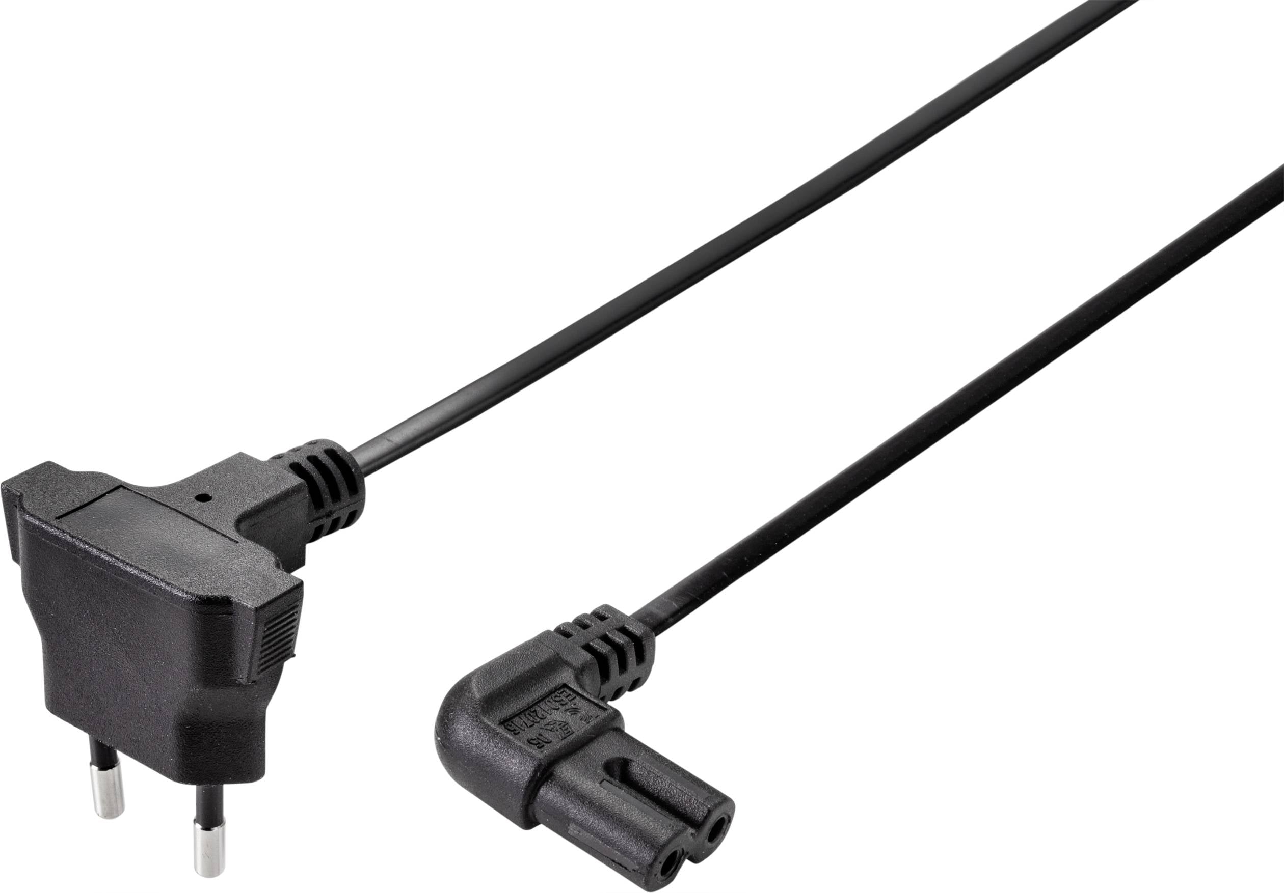 Síťový kabel s eurozástrčkou na jedné straně a pravoúhlou dvojzástrčkou na straně druhé.
