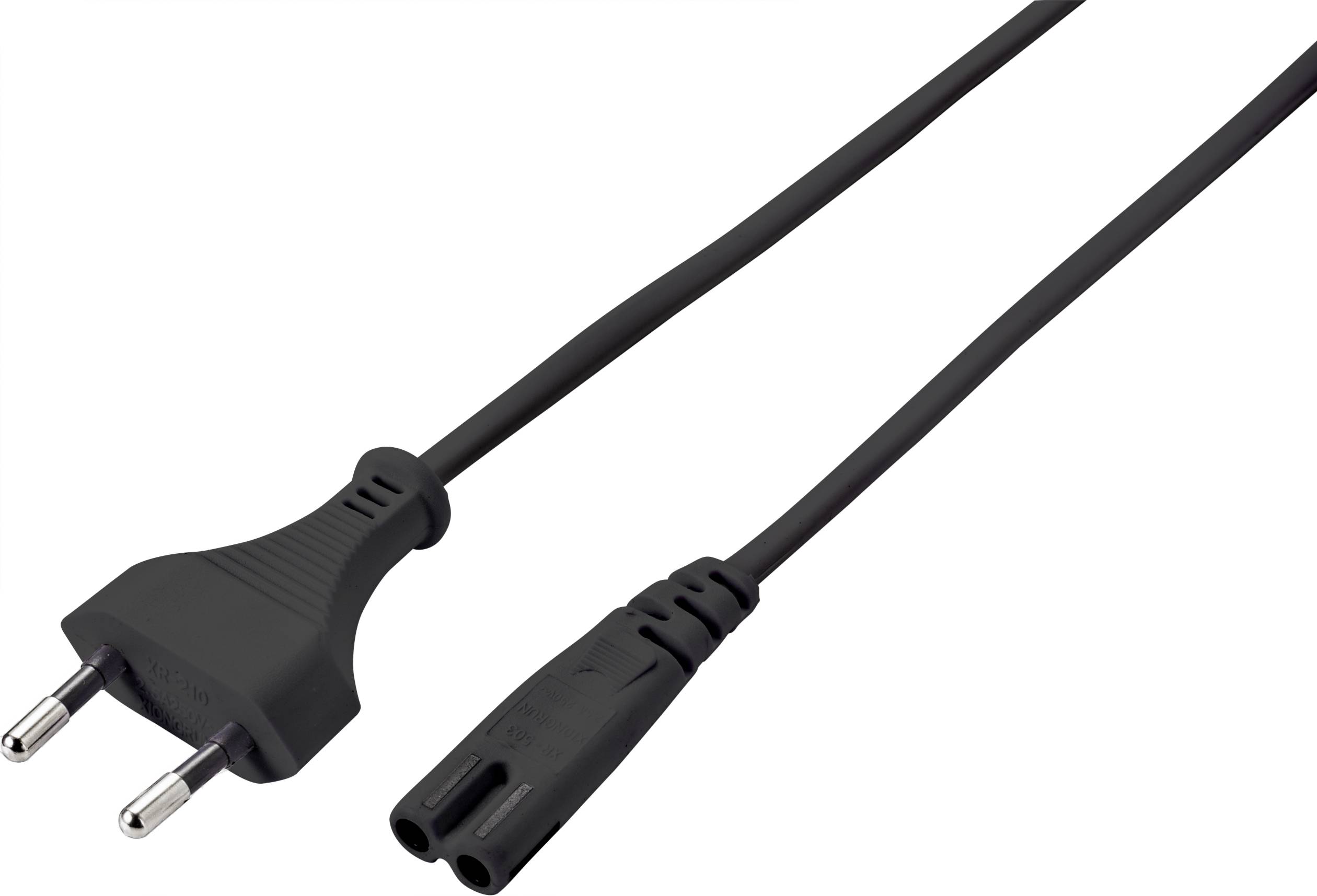 Černý síťový kabel Euro se dvěma kulatými zástrčkami a jedním koncem se dvěma zásuvkovými konektory.
