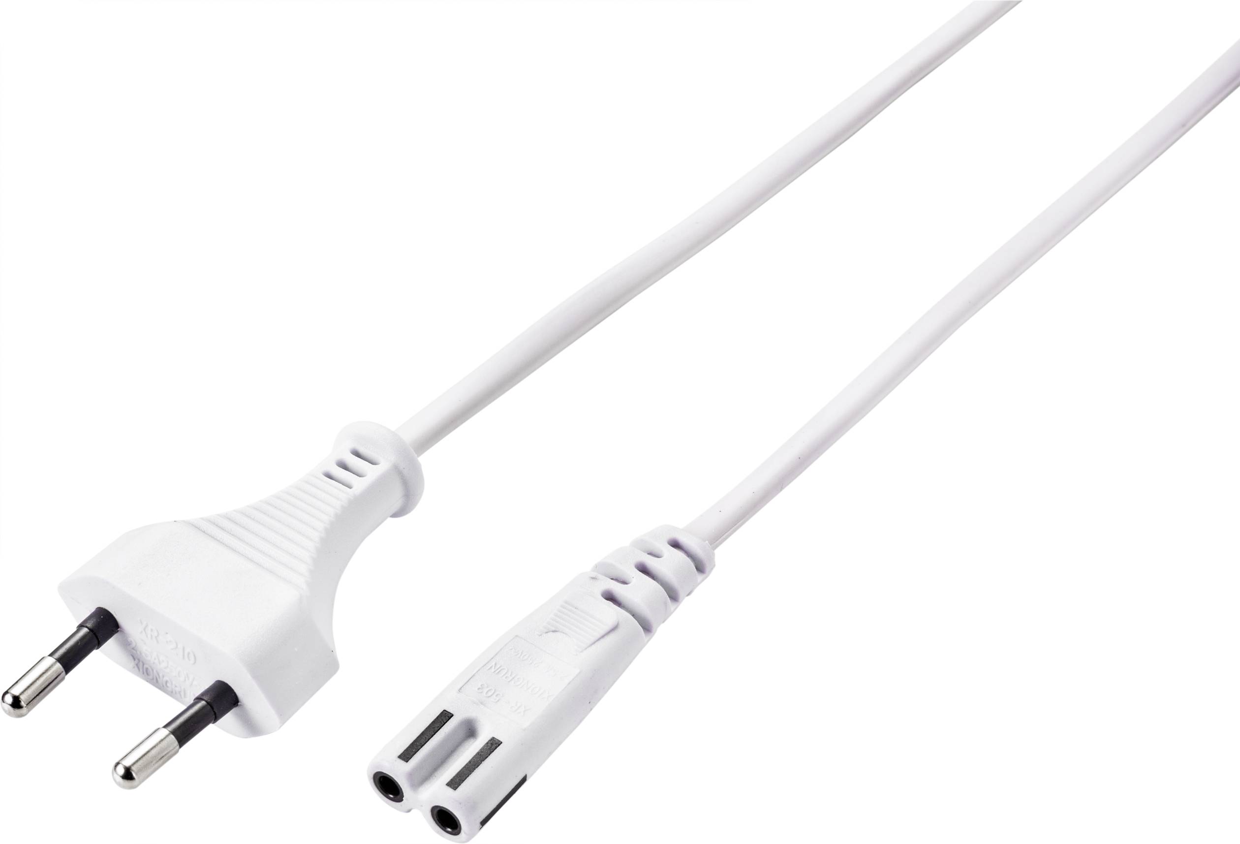 Bílý síťový kabel s eurozástrčkou na levé straně a dvoupólovým zásuvkovým konektorem na straně pravé.