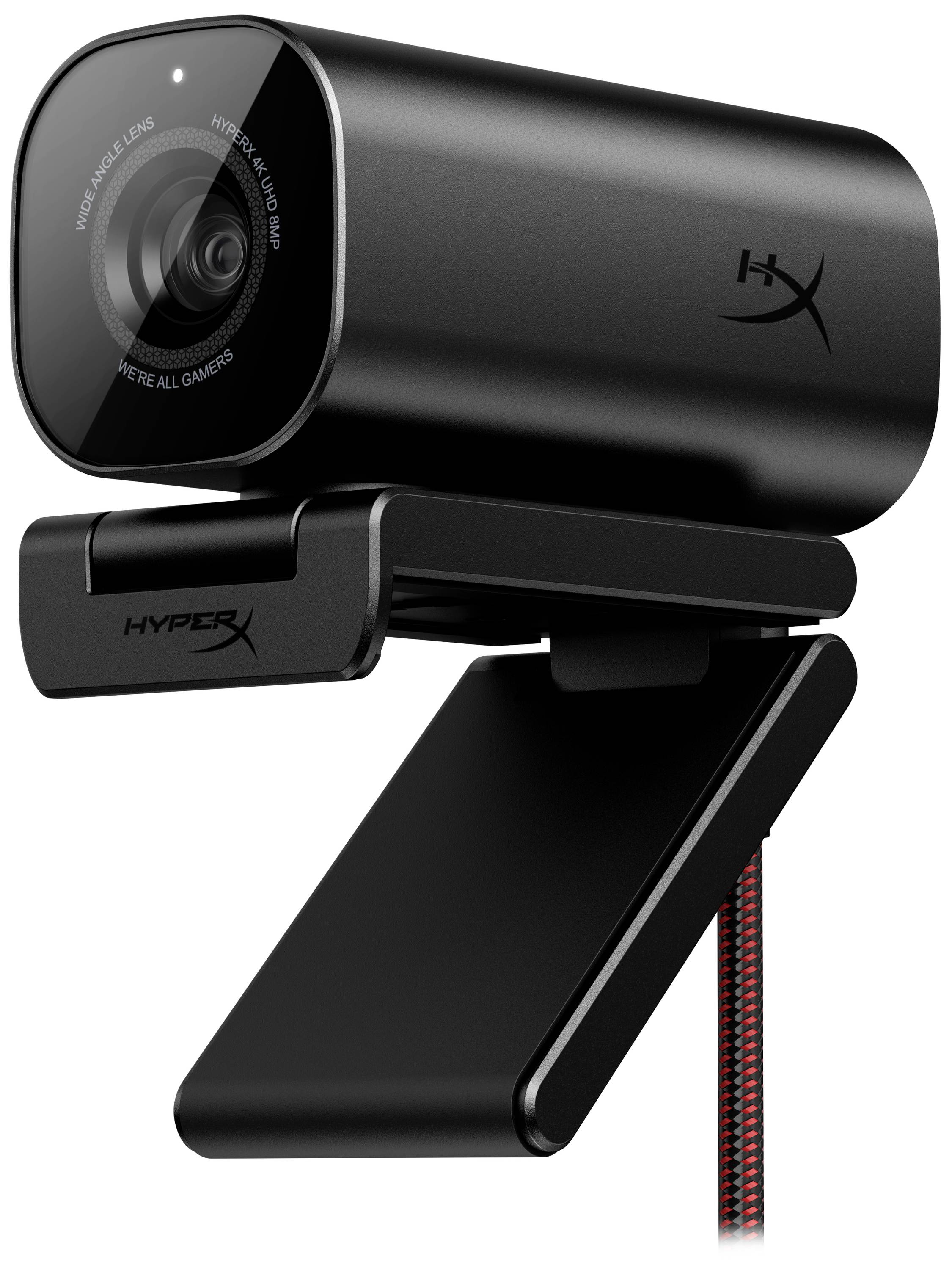 Černá webkamera s ergonomicky tvarovanou podstavou a logem HyperX; vhodná pro počítač nebo notebook pro videohovory.