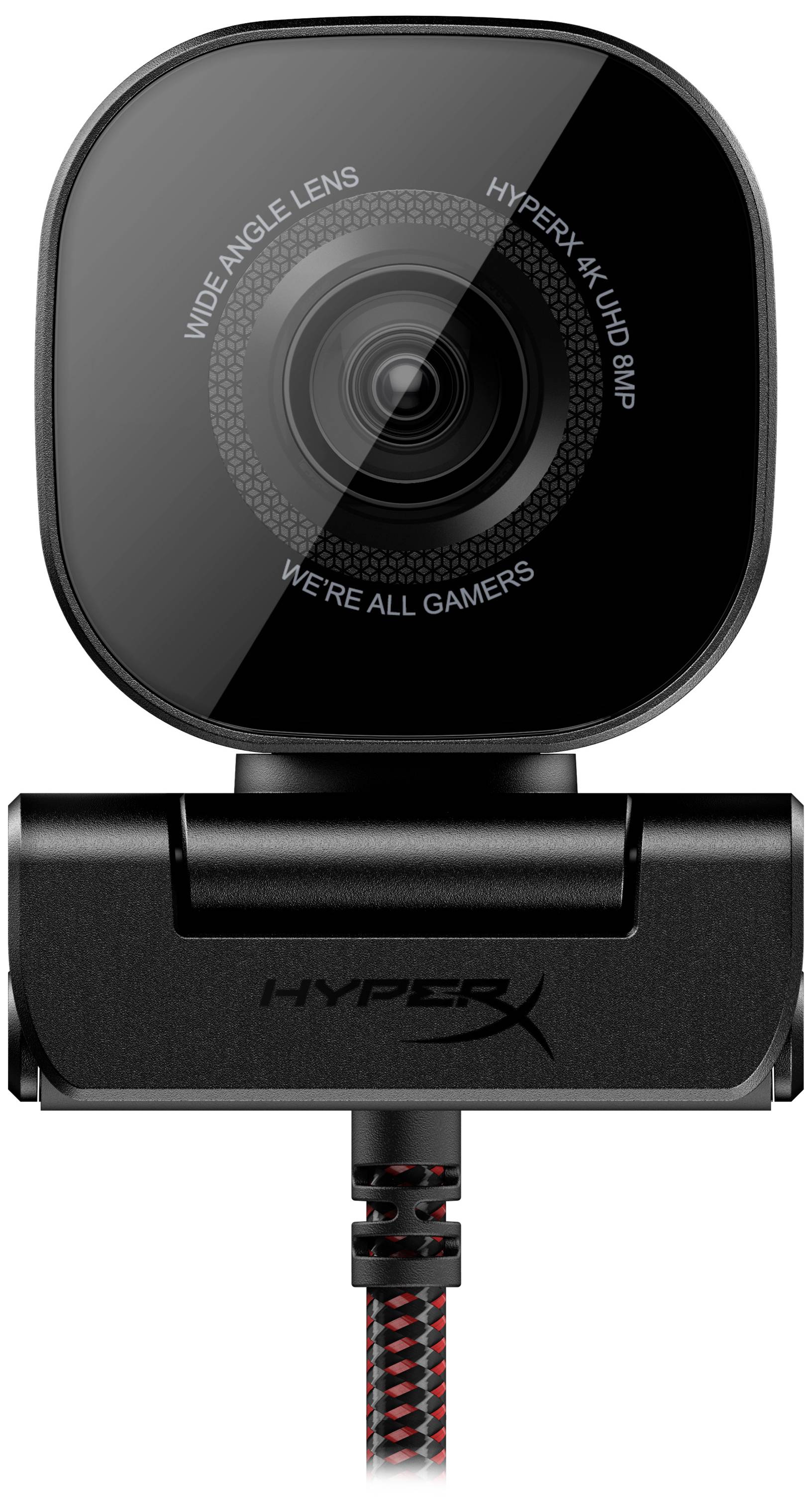Webkamera HyperX s wide-angle objektivem a označením '4K UHD 8MP', vhodná pro gaming a videokonference.