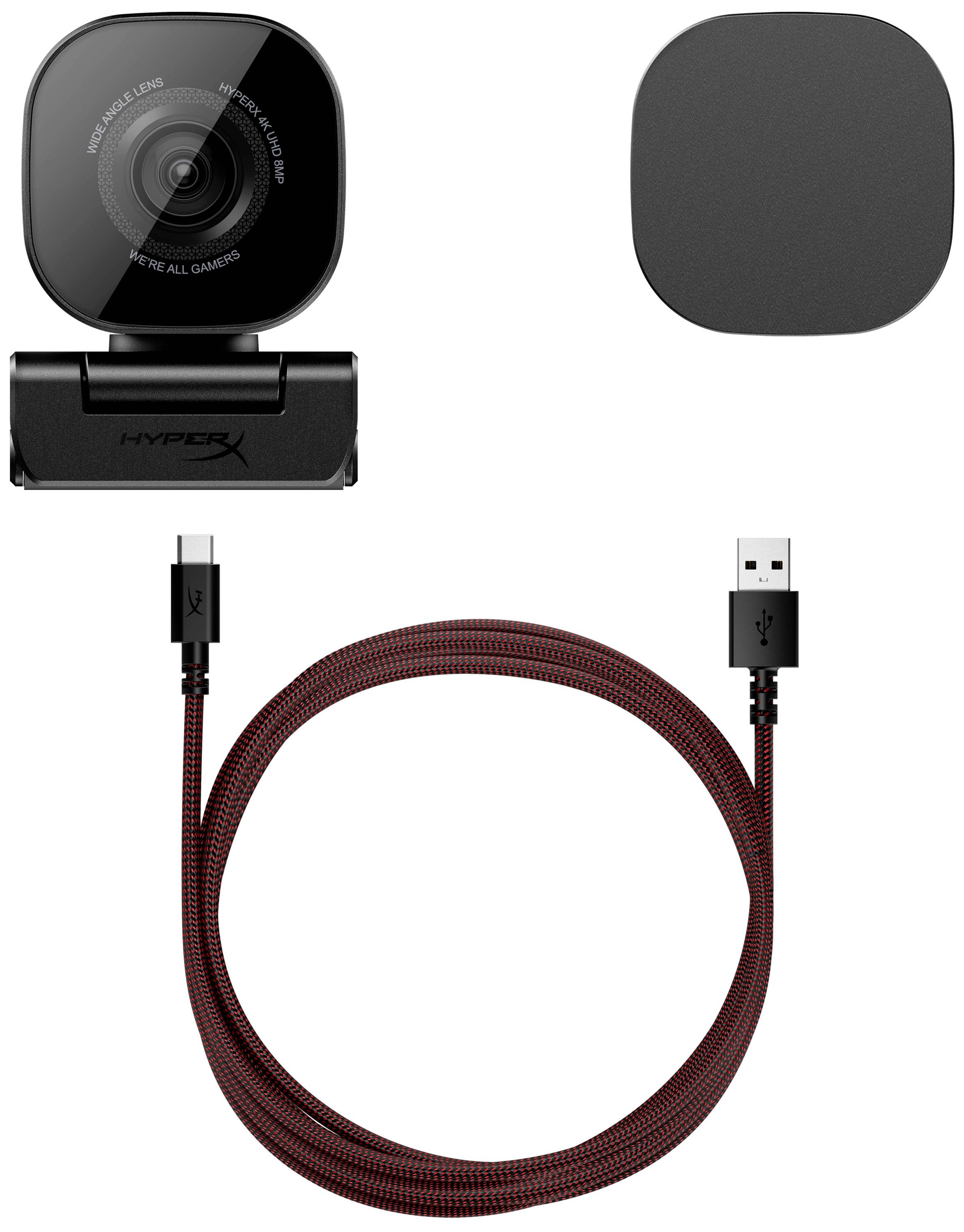 Webkamera s odnímatelným krytem, pod nímž je USB kabel s splétaným vzorem pro připojení k počítači nebo laptopu.