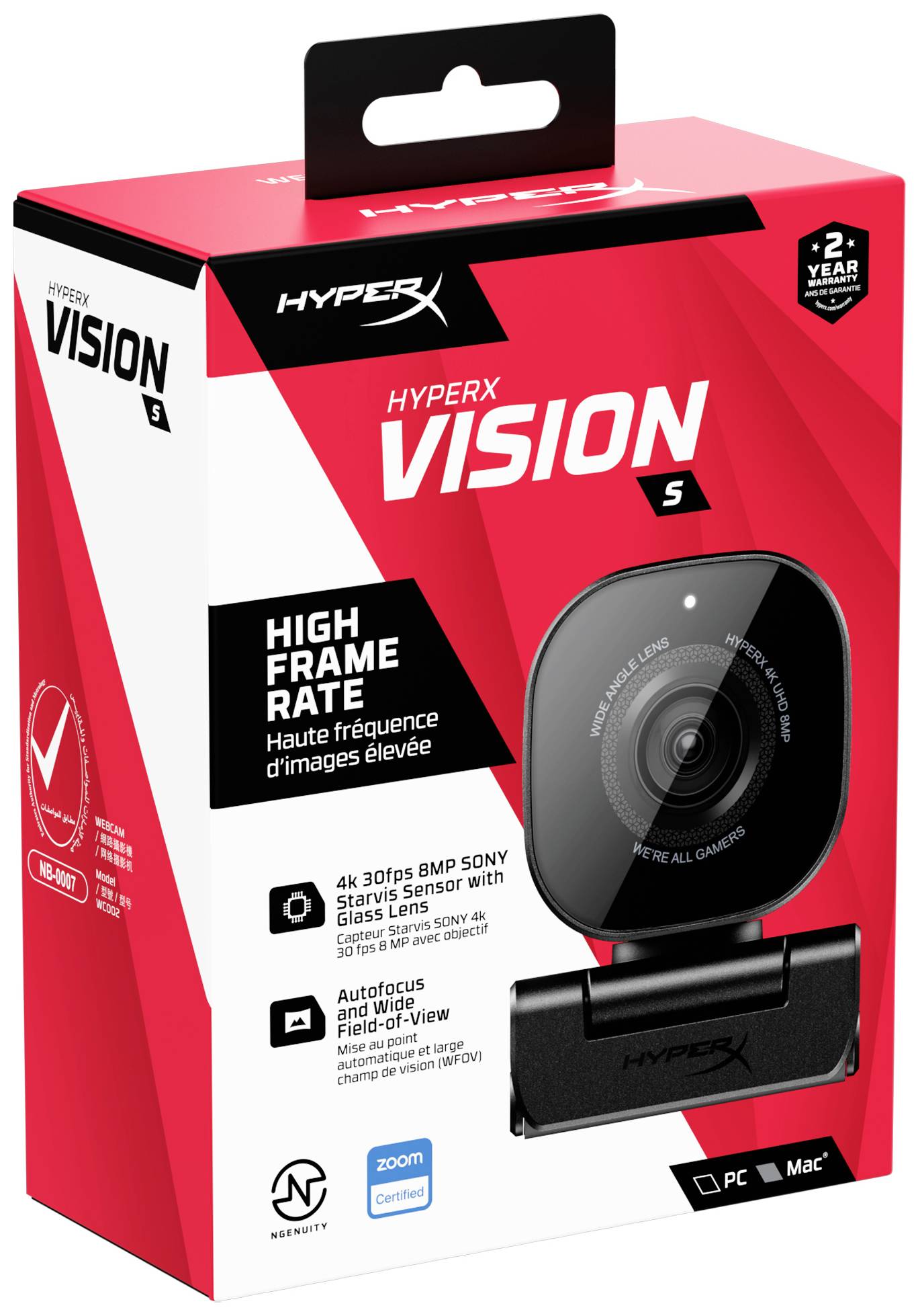 Obal webkamery 'HyperX Vision S' s hlavními parametry: 4K při 30 fps, senzor Sony Starvis, skleněné čočky, automatické zaostřování. Kompatibilní s PC a Mac.