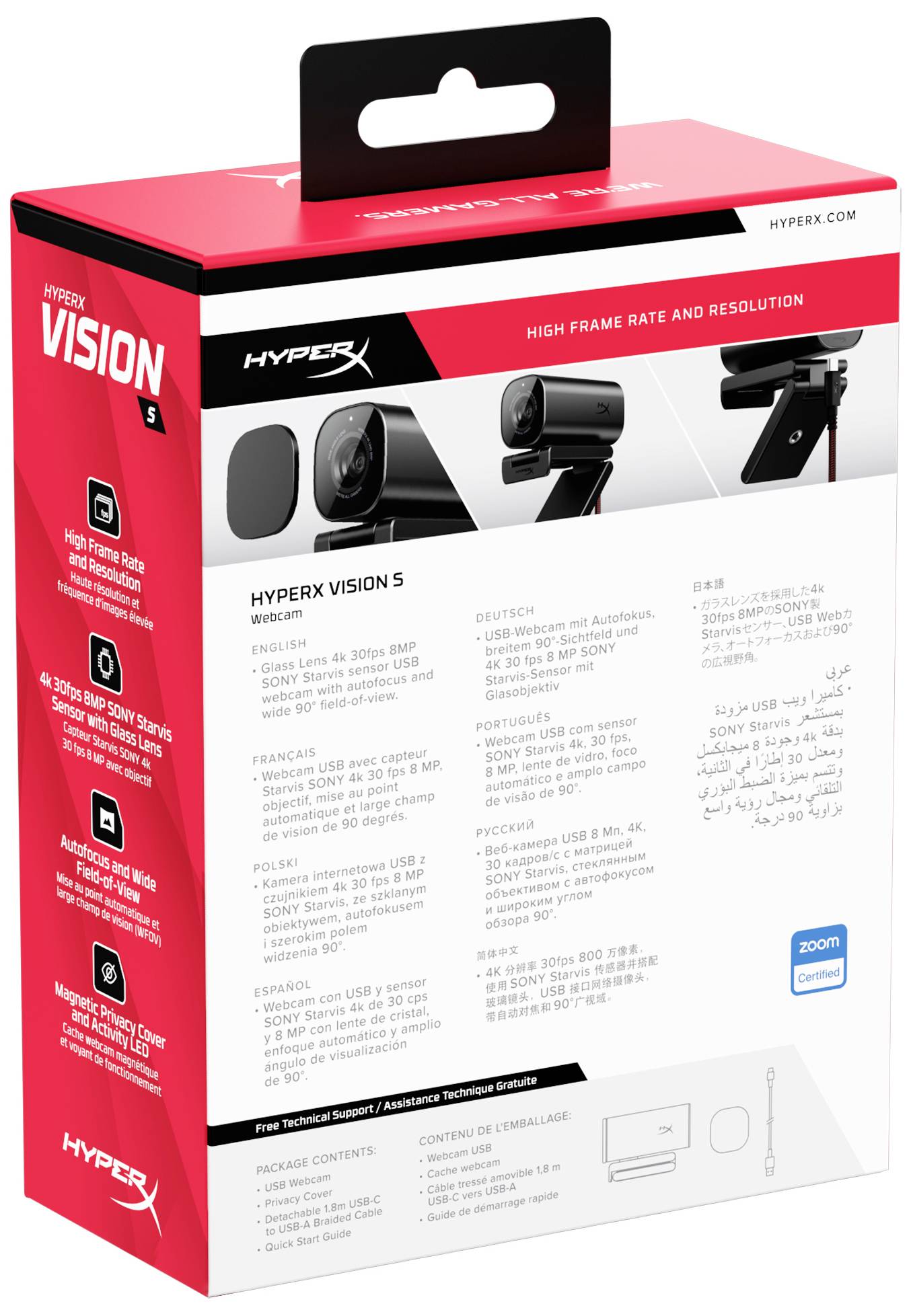 Červený obal webkamery HyperX Vision S. Obsahuje informace o vysoké snímkovací frekvenci a rozlišení. Podporuje Zoom a další platformy.