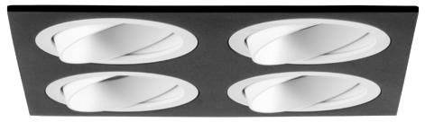 Čtyři stříbrné stropní bodové reflektory v černém čtvercovém rámu, směřující dolů pro osvětlení.