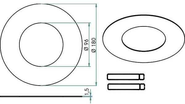 Technický výkres plochého, kulatého objektu o průměru 180 mm s centrálním otvorem o průměru 96 mm.