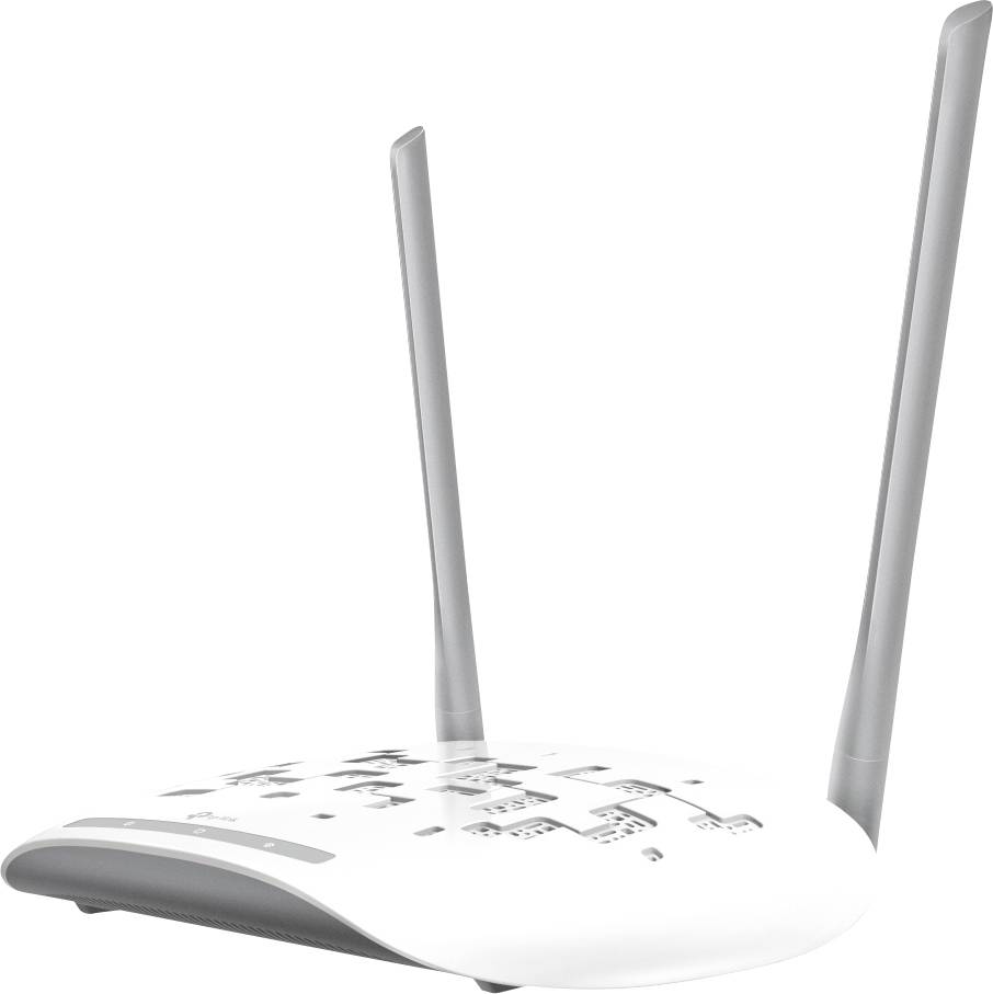Bílý WLAN router se dvěma šedými anténami zobrazuje symboly na povrchu a je umístěn šikmo vůči kameře.