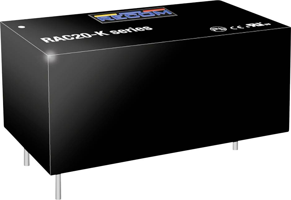 Síťový modul Recom RAC20-K série, černý, kompaktní provedení, vhodný pro AC-DC měnič, potisk s různými bezpečnostními označeními.