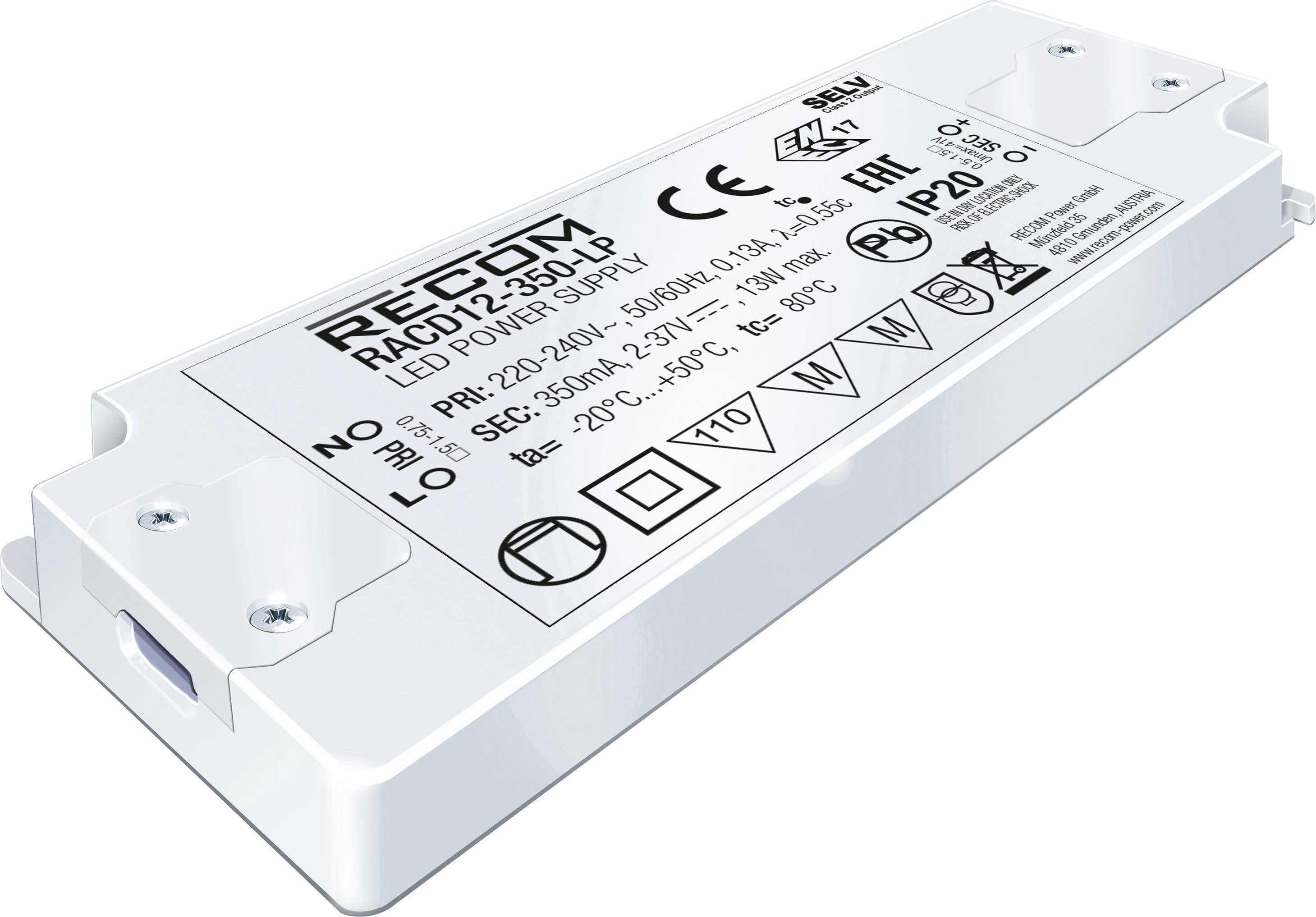 Obdélníkový elektronický displej s technickými specifikacemi LED driveru: Napětí 220-240V, výstup 250-350mA, IP20.