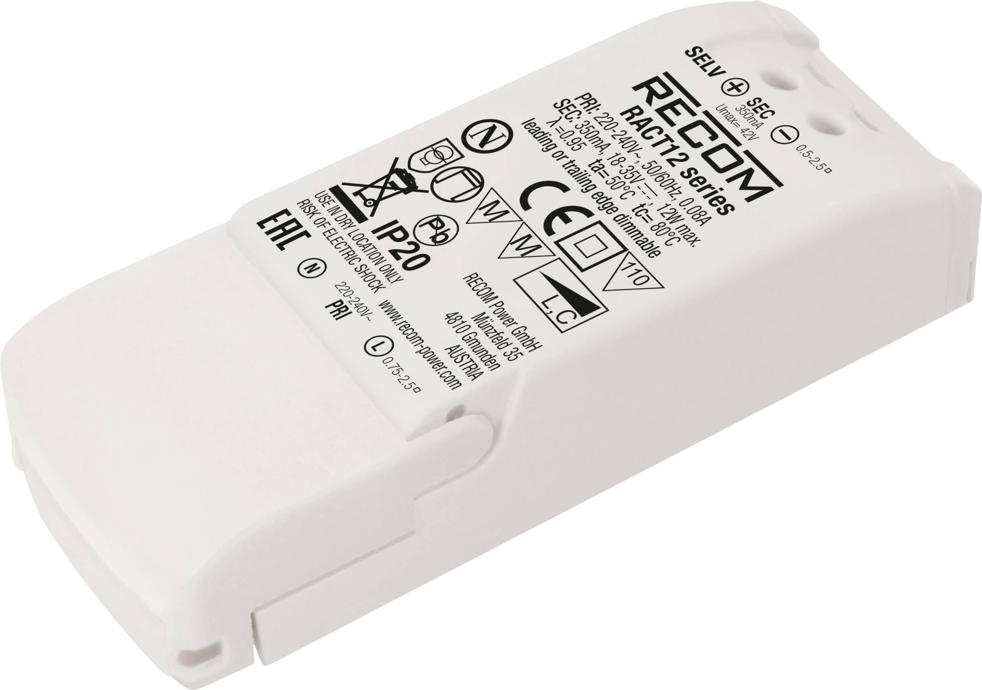Bílé elektronické zařízení s několika symboly a textem, včetně certifikačních a bezpečnostních upozornění. Jedná se o LED budič.