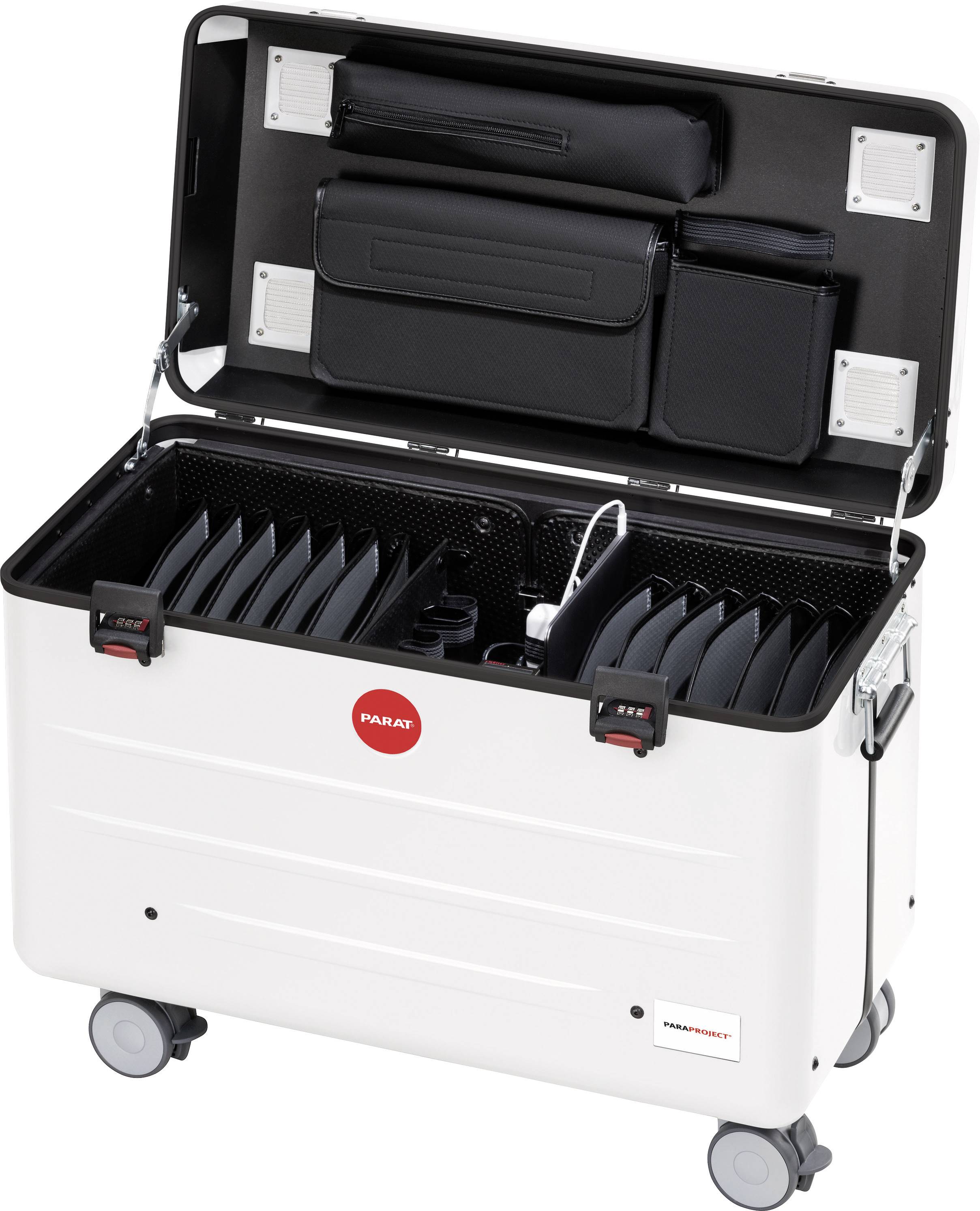 Mobilní, otevřený úložný kufřík s několika vnitřními přihrádkami, nabíječkou a černými taškami v víku. Perfektní pro organizované ukládání techniky.