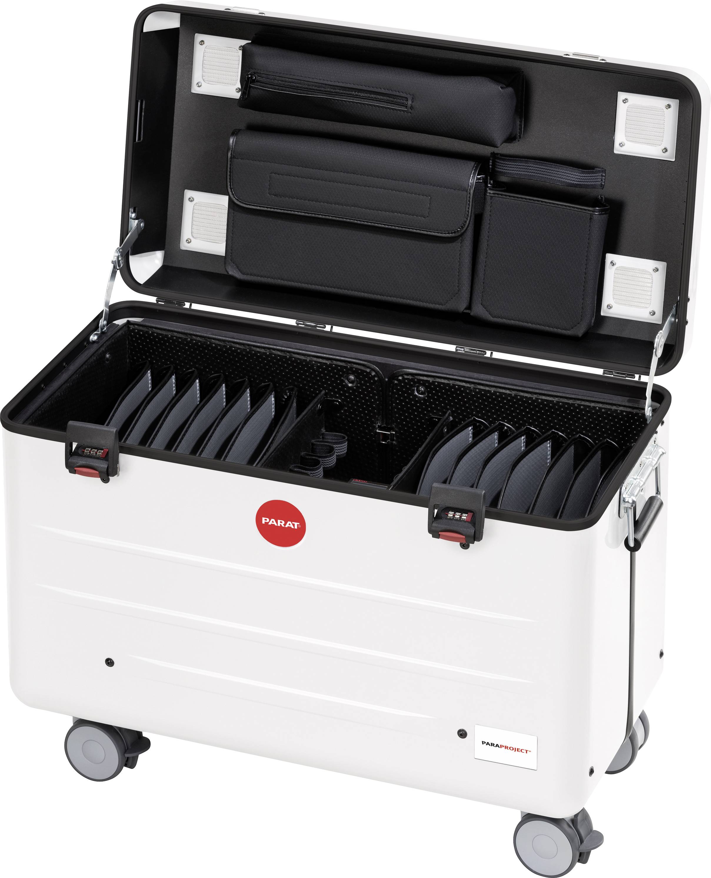 Transportní kufr s otevřeným víkem ukazuje několik zabezpečených elektronických zařízení. Kufr je vybaven kolečky a kapsami pro příslušenství.