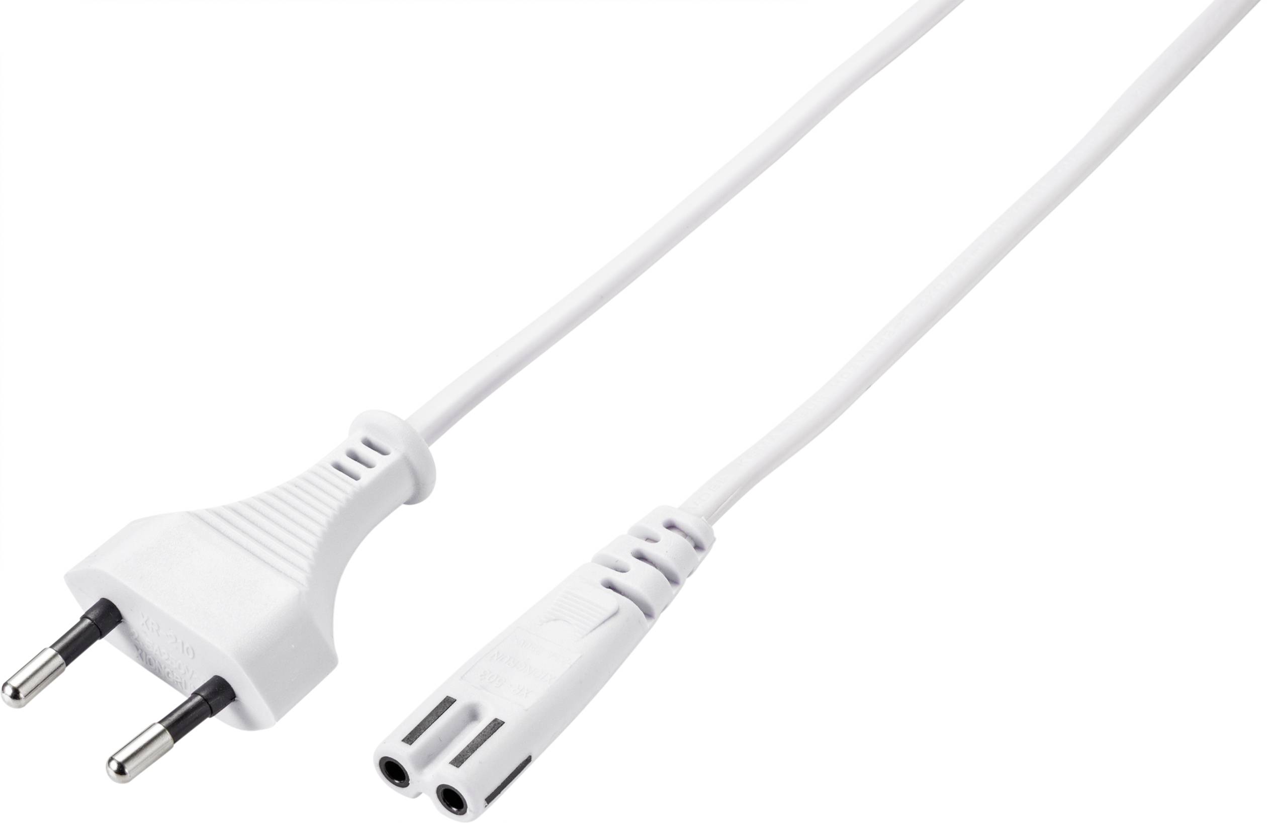 Bílý evropský síťový kabel s dvoupólovým zástrčkovým a zásuvkovým konektorem.