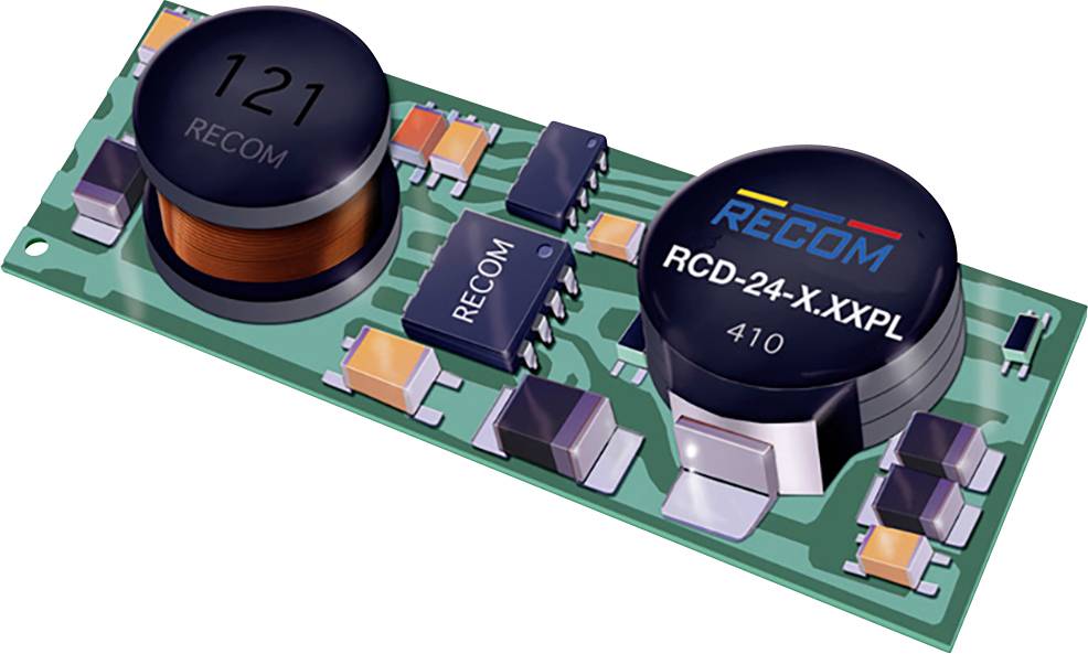 Elektronická deska plošných spojů s komponenty, včetně RECOM modulu s nápisem RCD-24-X.XXPL.