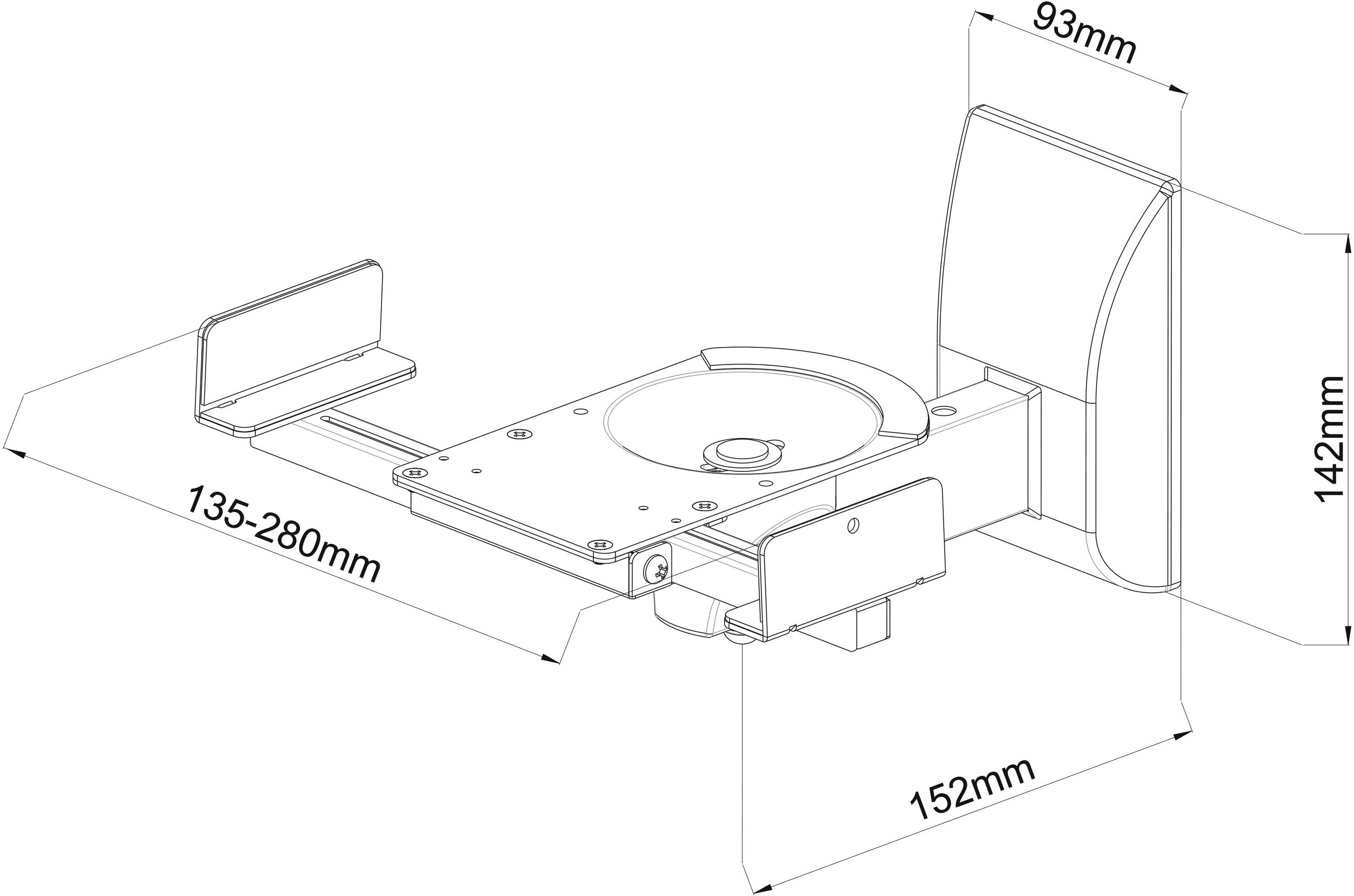 Technický výkres nastavitelného upevňovacího mechanismu s rozměry: 93 mm, 142 mm, 152 mm a délka nastavitelná od 135 do 280 mm.