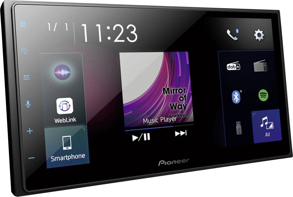 Dotykový displej autorádia s aplikacemi pro WebLink, smartphone, přehrávač hudby a rádio. Je 11:23 hodin.