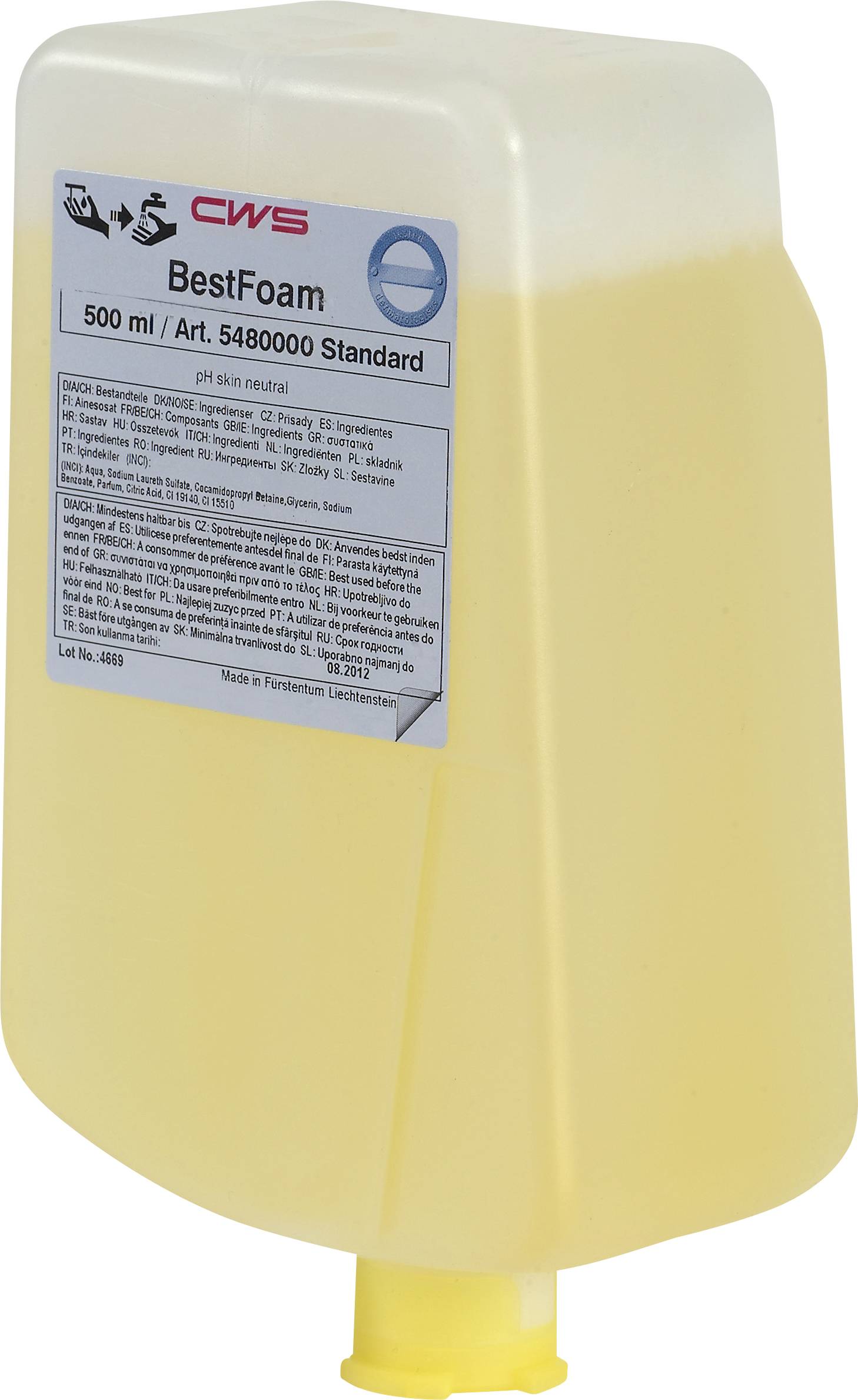 Žlutá láhev na mýdlo s nápisem 'CWS BestFoam, 500 ml, Art. 5480000 Standard'. Obsahuje seznam složek a informace o použití.