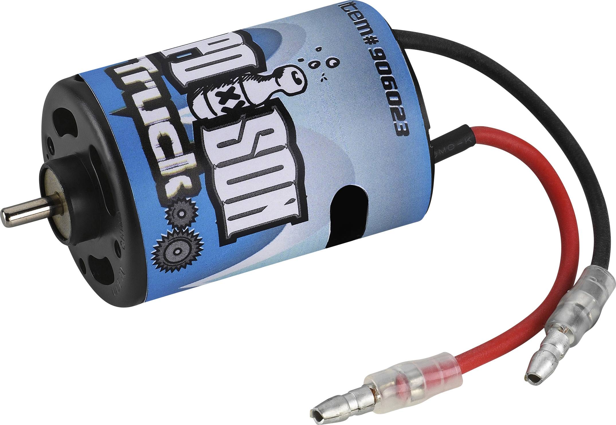 Elektrický motor s modrým krytem, ke kterému jsou připojeny černý a červený kabel s konektory.