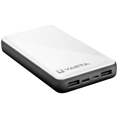 Bílá powerbanka se černým okrajem, značky 'Varta'. Na straně jsou viditelné tři USB porty. Ideální pro nabíjení mobilních zařízení na cestách.