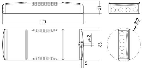 Technický výkres obdélníkového zařízení s rozměry: délka 220 mm, šířka 85 mm, výška 31 mm. Detailní pohled na boční tlačítko se 4 symetrickými kruhy.