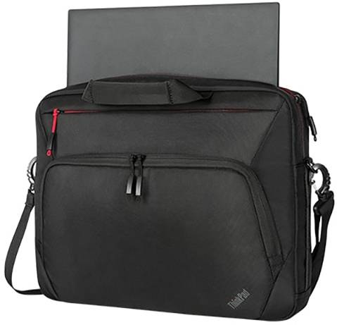Černá laptopová taška s rukojetí a ramenním popruhem, přední kapsy na zip; laptop viditelný v horním oddílu.