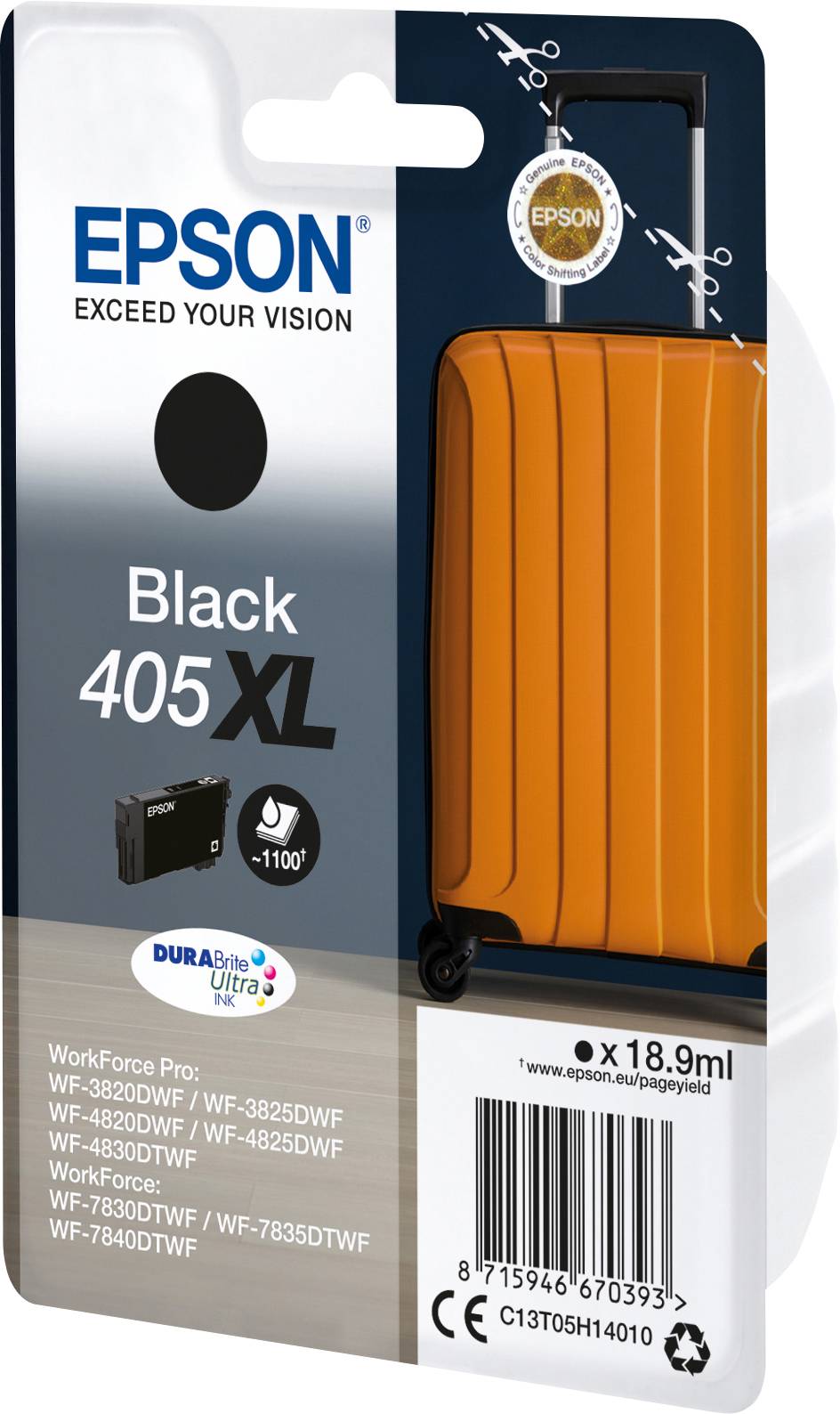 Inkoustová kazeta Epson 405XL v černé barvě pro tiskárny řad WF-3820DWF, WF-4820DWF, s vysokou výtěžností 18,9 ml. Balení zobrazuje oranžovou zavazadlo.