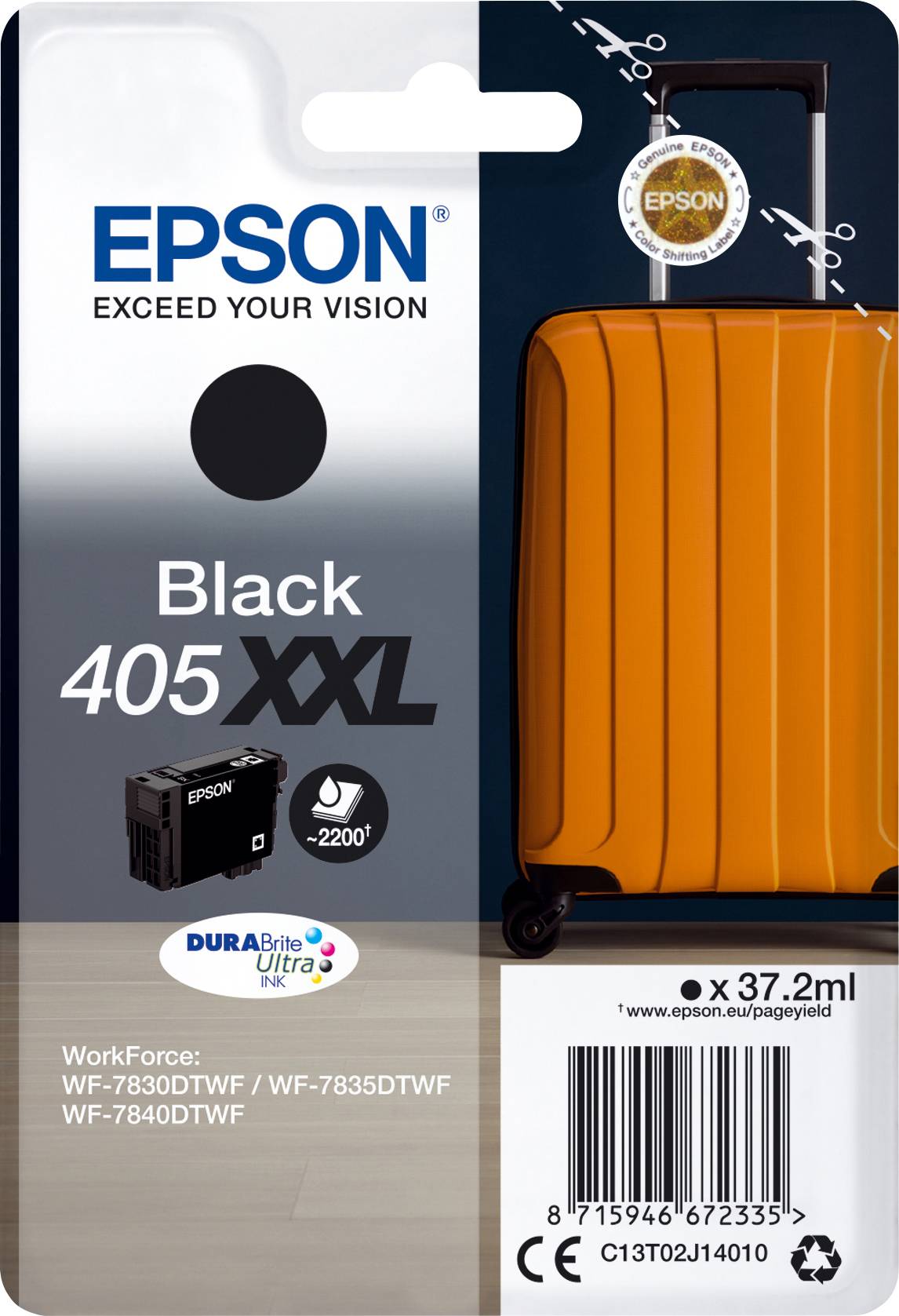 Inkoustová kazeta Epson 405XXL v černé barvě. Obal zobrazuje oranžový kufřík. Kompatibilní s modely WF-7830DWF, WF-7835DTWF, WF-7840DTWF.