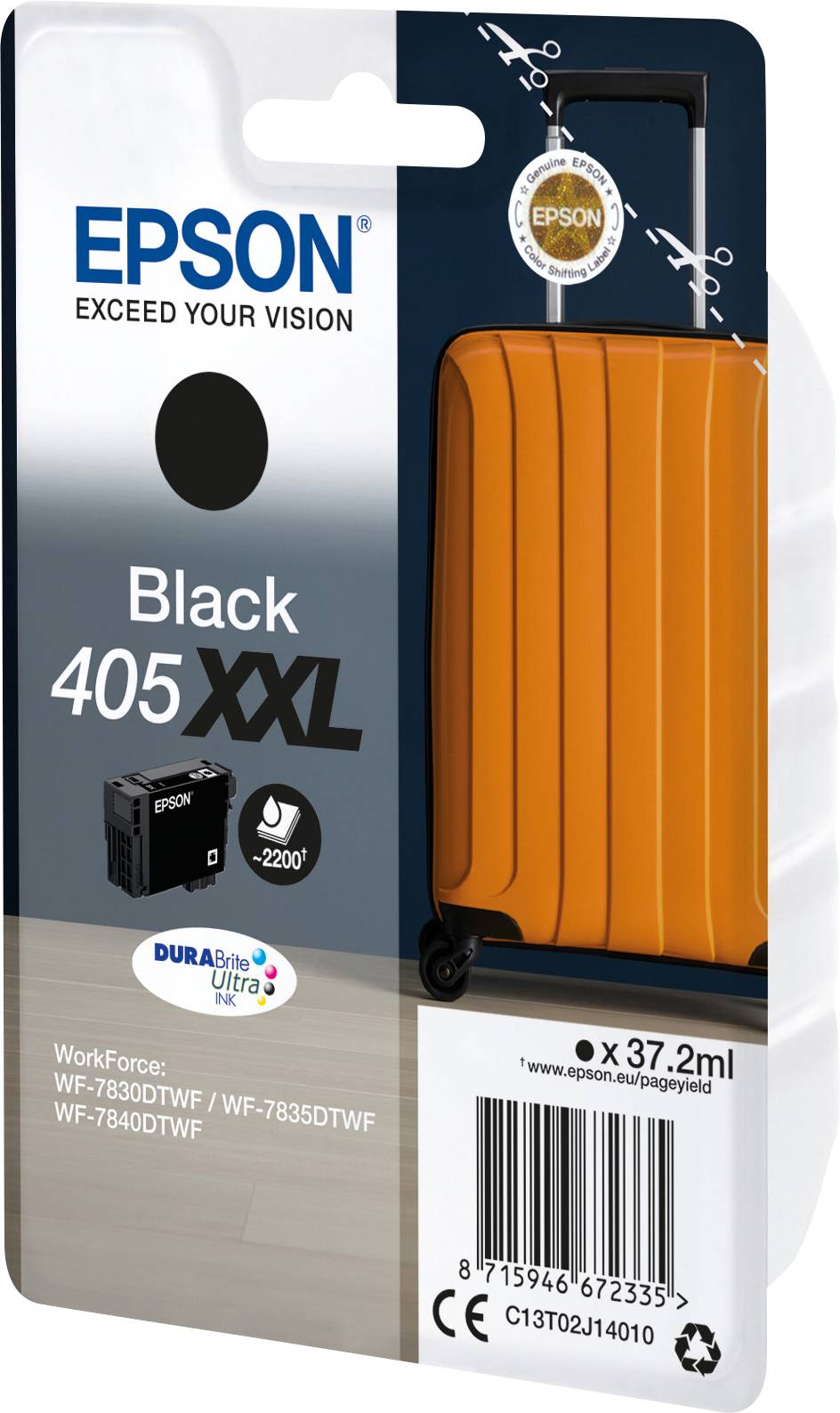 Inkoustová kazeta Epson 405 XXL v černé barvě pro tiskárny, s obrázkem oranžového kufříku, vhodná pro WorkForce WF-7830DWF.