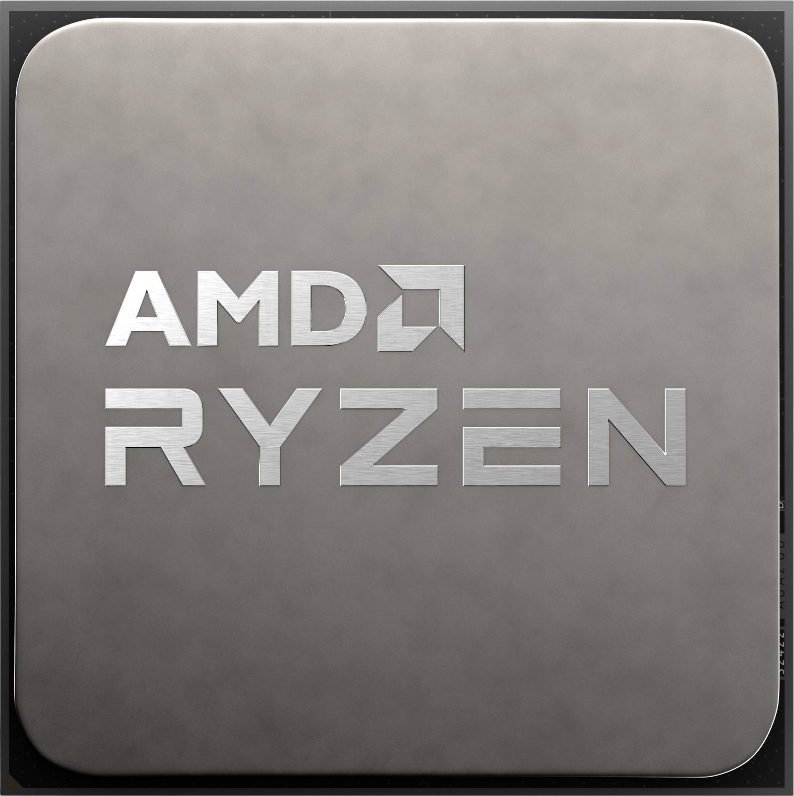 Kovový čtverec s stříbrným nápisem 'AMD RYZEN' symbolizuje procesor AMD Ryzen.