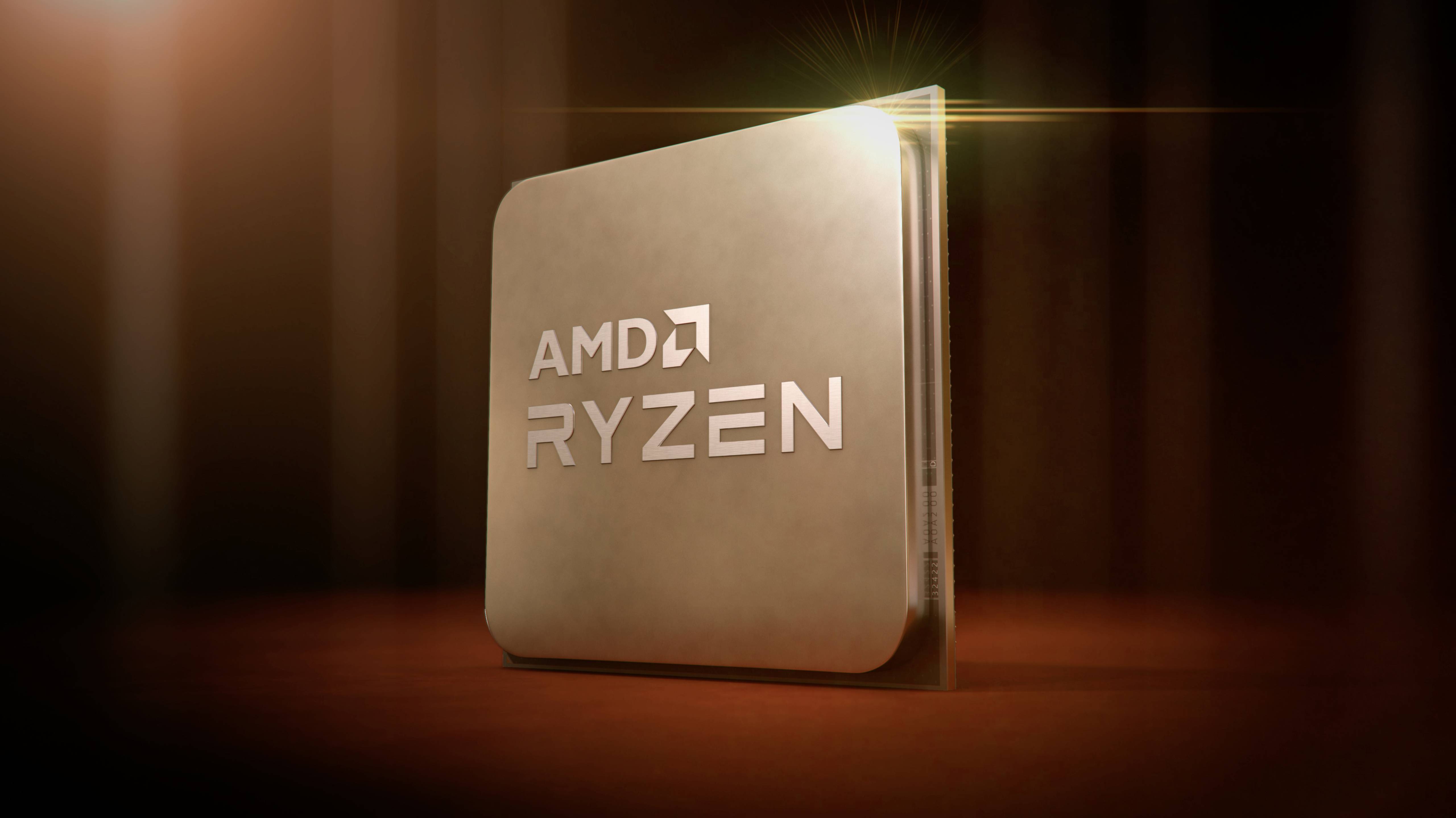 Procesor AMD Ryzen v jednoduché a elegantní produktové prezentaci, s reflexní plochou a zlatým světelným paprskem.